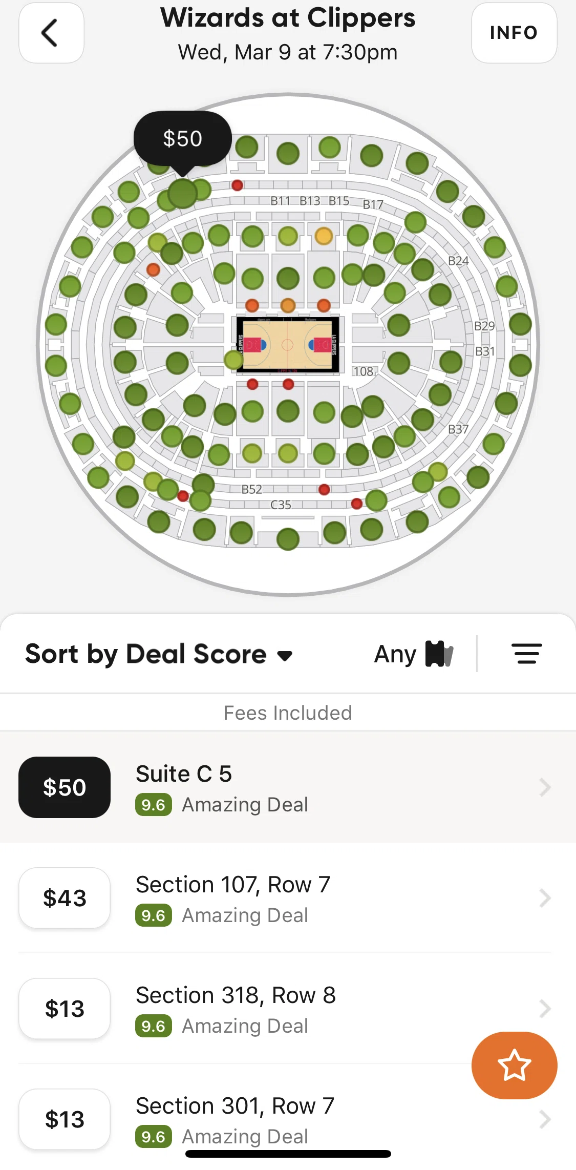 SeatGeek Screen screen in the Sorting tickets flow