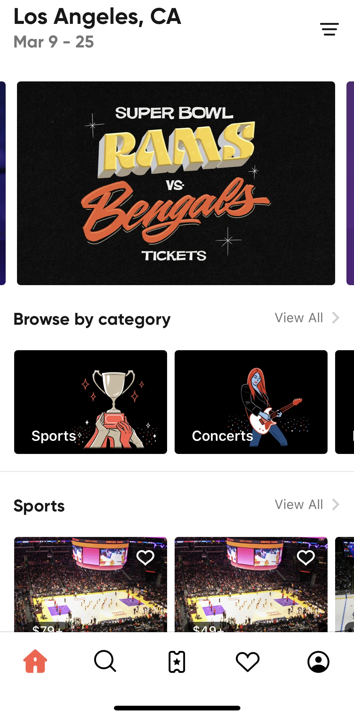 SeatGeek Screen screen in the Sports category flow