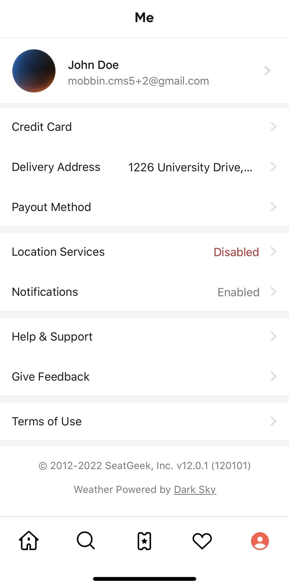 SeatGeek Screen screen in the Terms of use flow