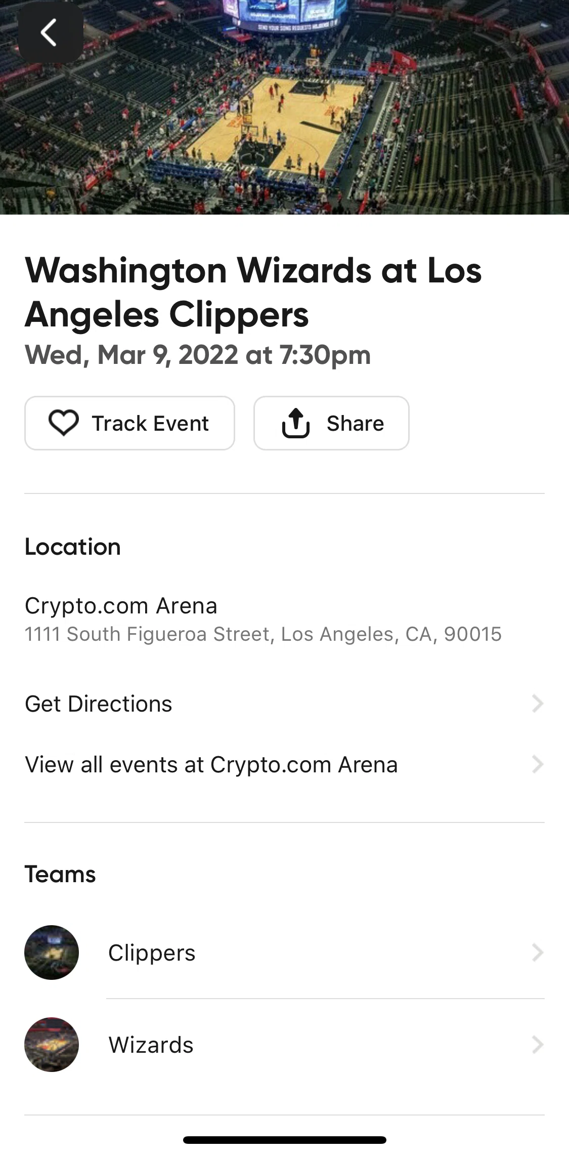 SeatGeek Screen screen in the Tracking event flow