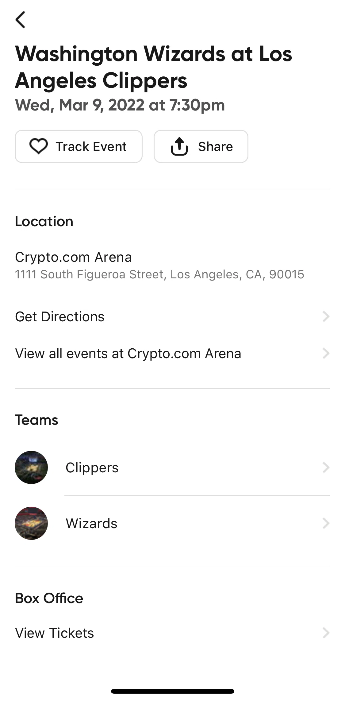 SeatGeek Screen screen in the View all team events flow