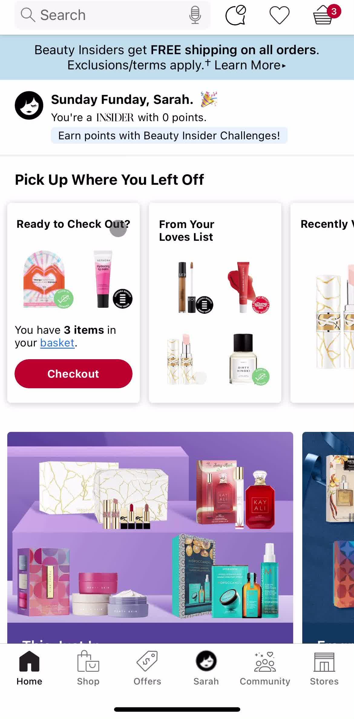 Sephora Home screen in the Buying Something flow
