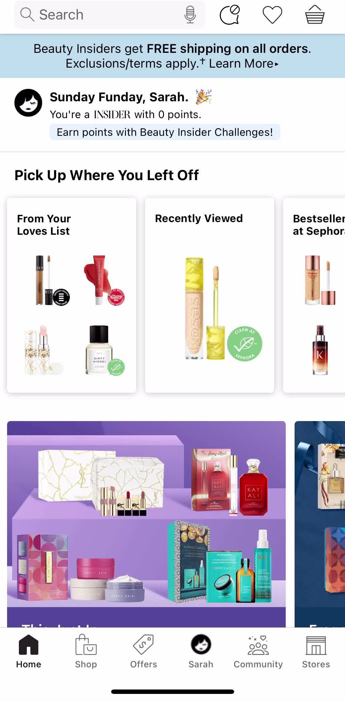 Sephora Home screen in the Cancelling An Order flow