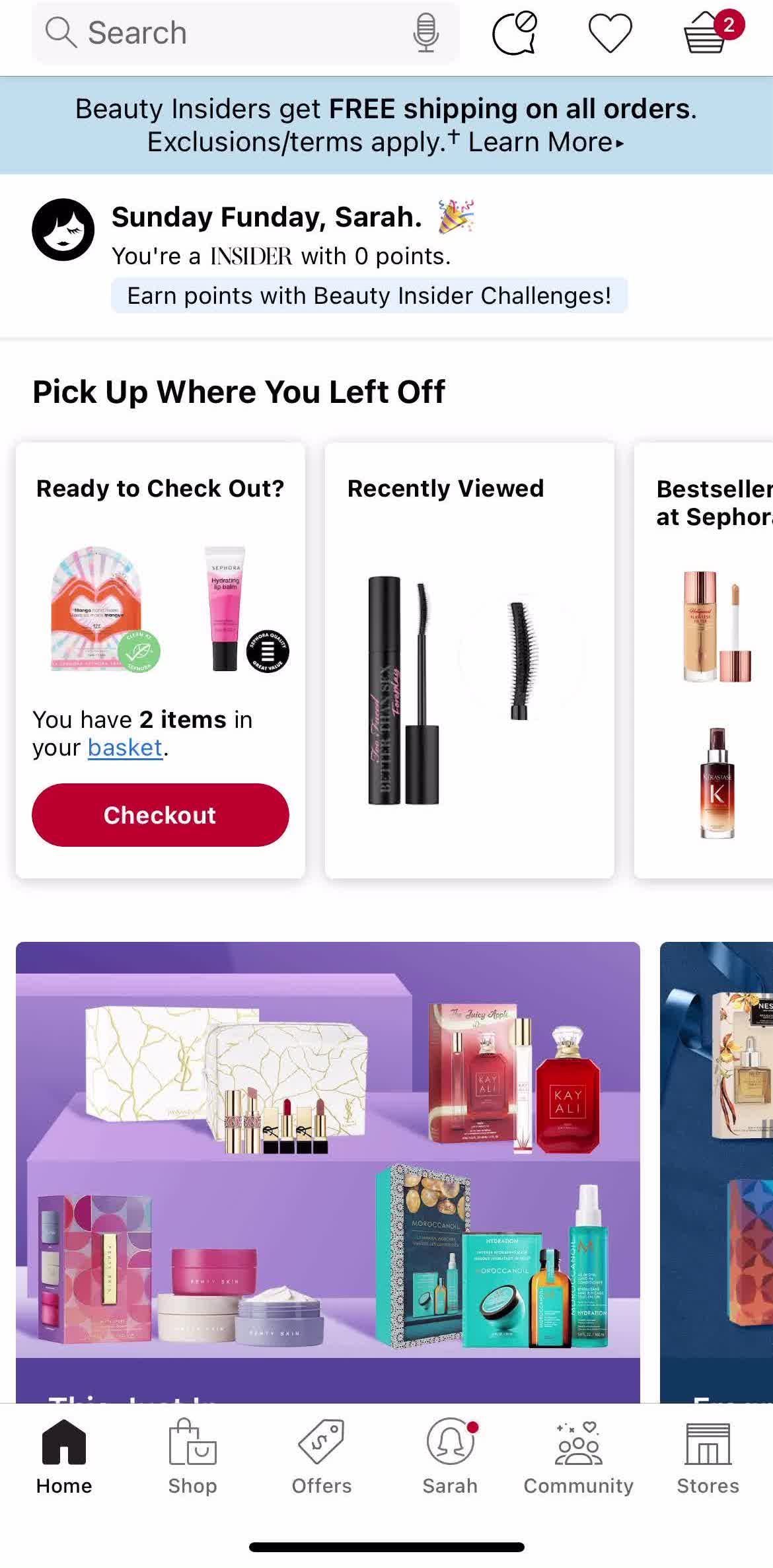 Sephora Home screen in the Discovering Content flow