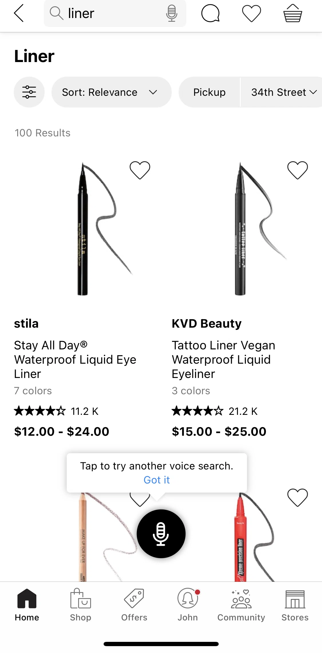 Sephora Screen screen in the Filtering search results flow