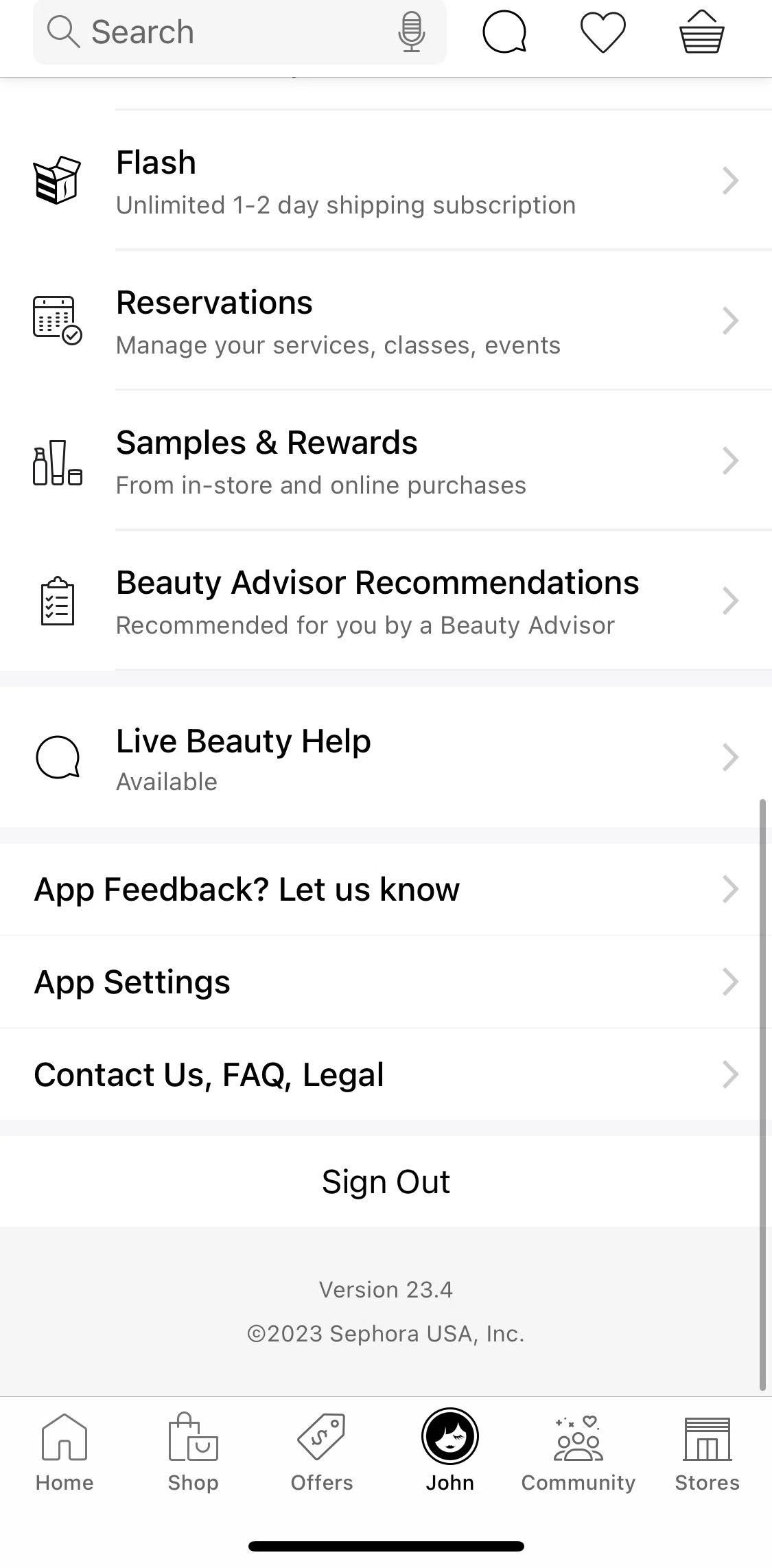 Sephora Screen screen in the Logging out flow