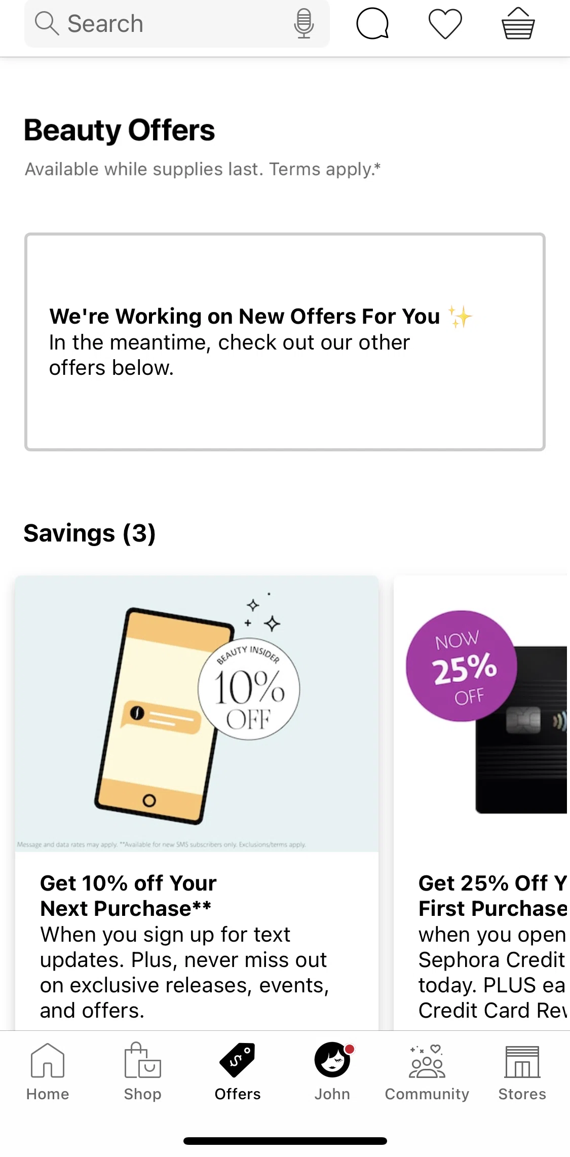 Sephora Screen screen in the Offers flow