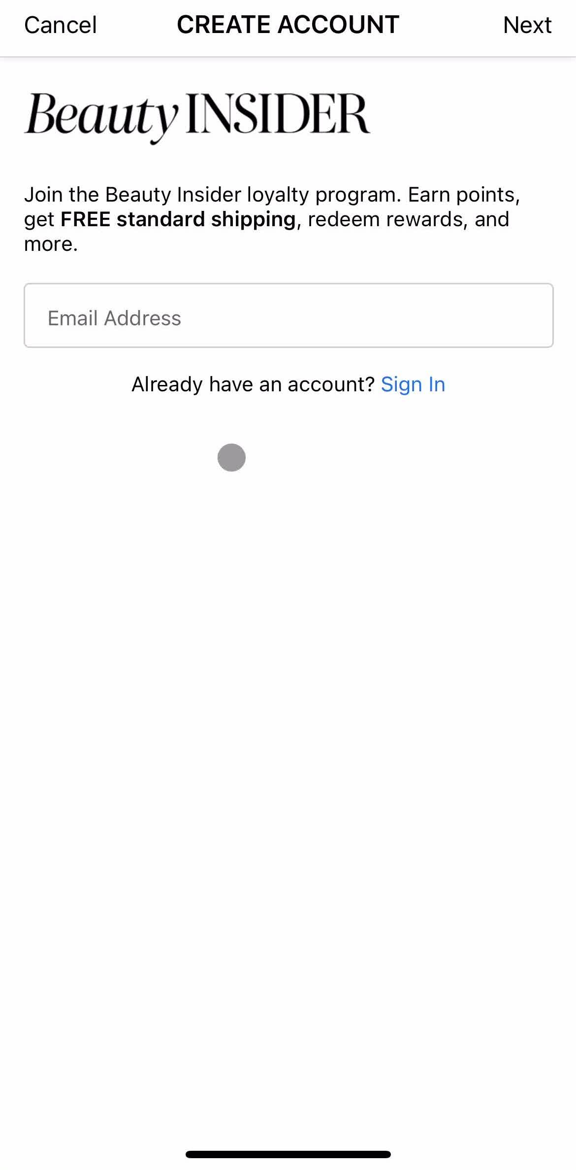 Sephora Sign up screen in the Onboarding flow