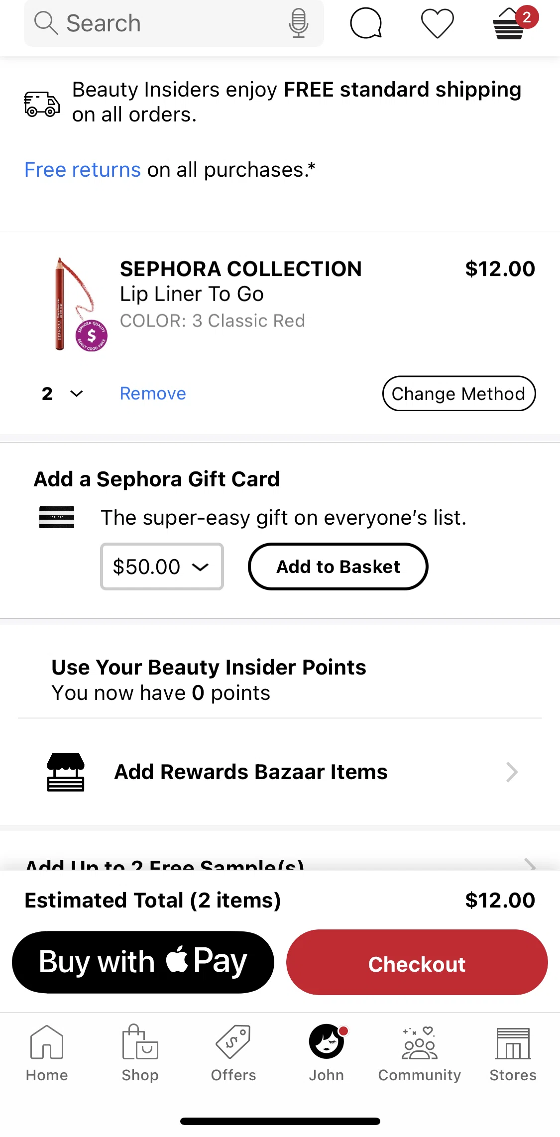 Sephora Screen screen in the Removing item from bag flow