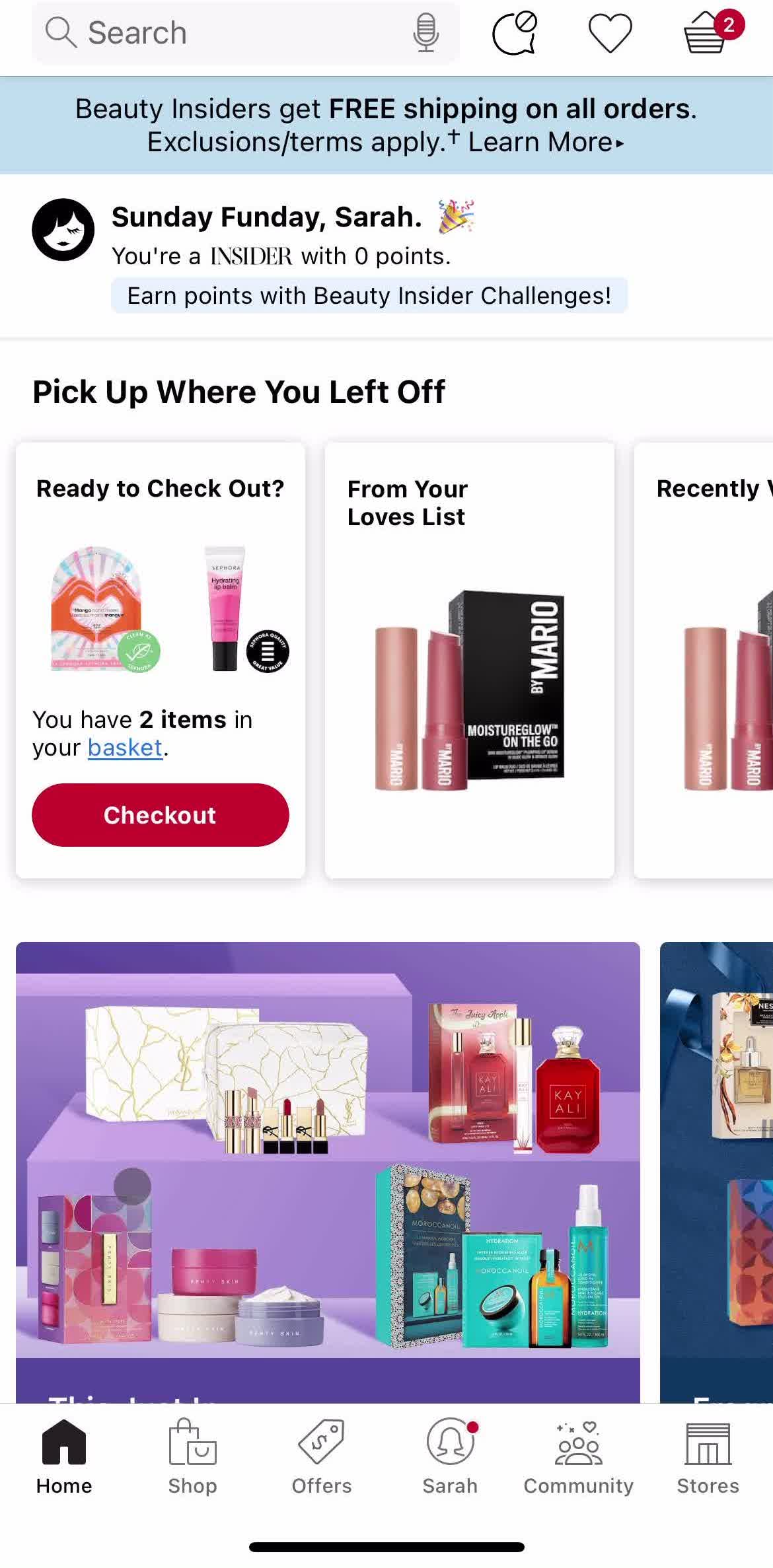 Sephora Home screen in the Saving flow