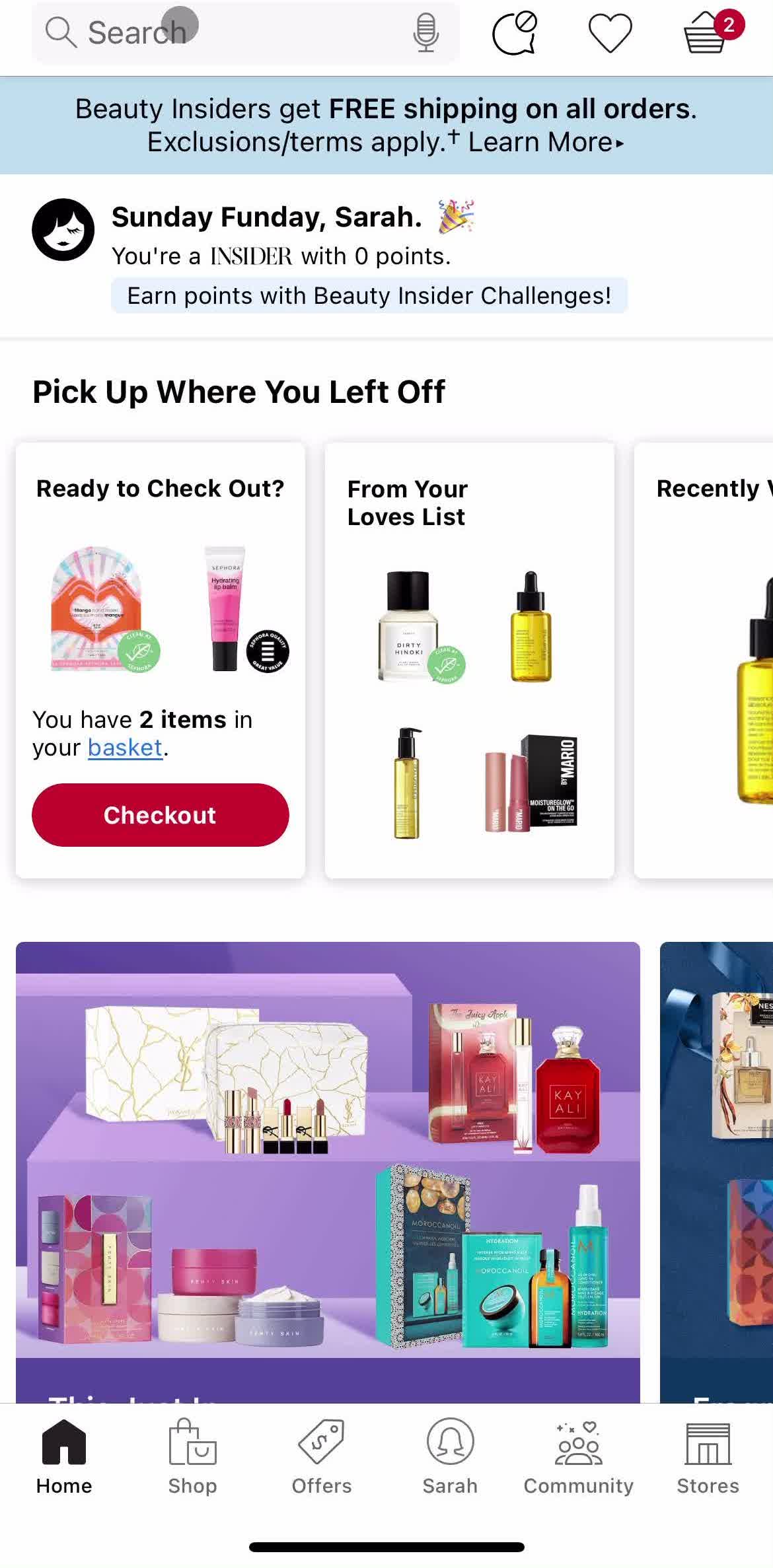 Sephora Home screen in the Searching flow