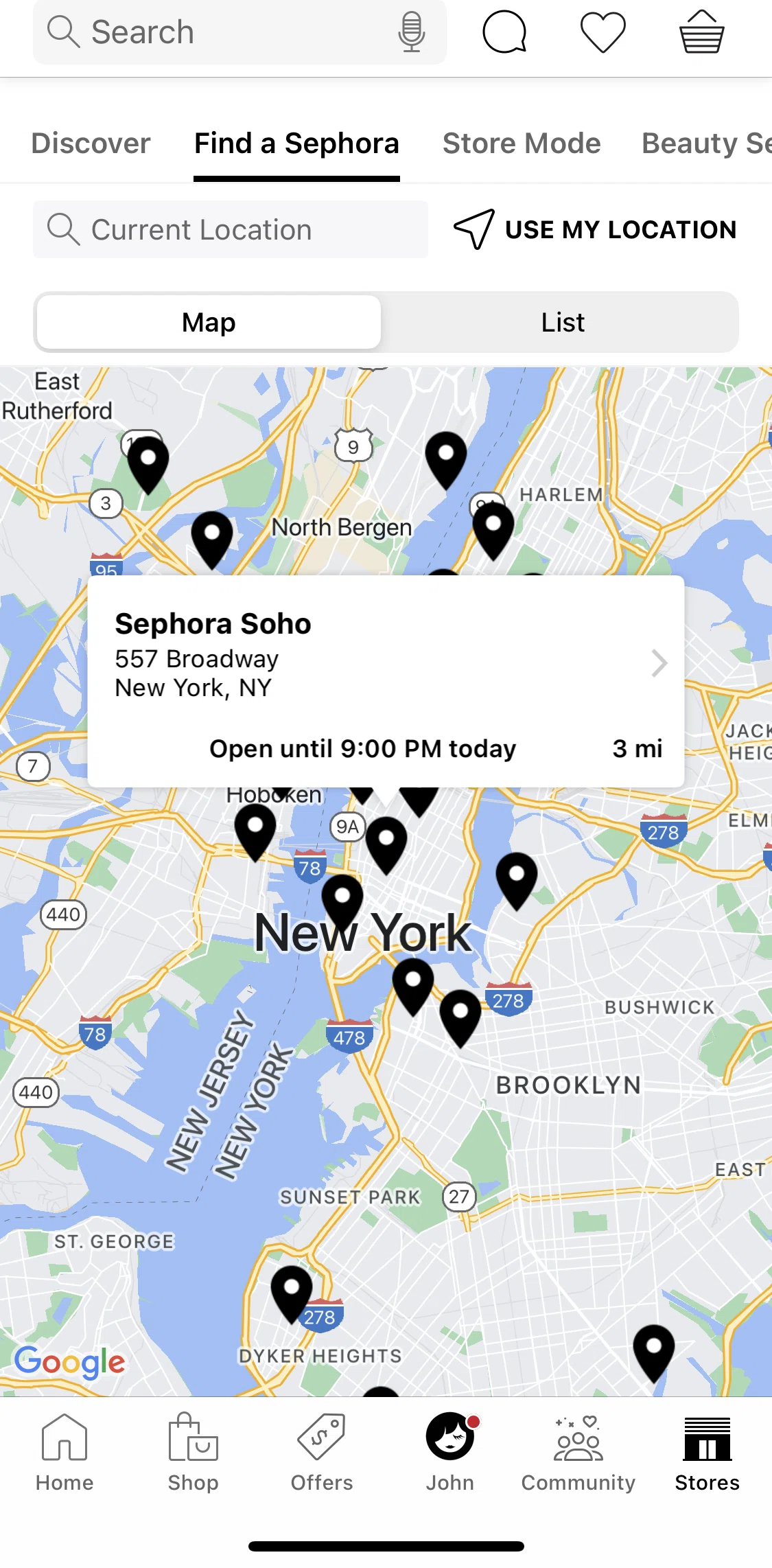 Sephora Screen screen in the Store detail flow