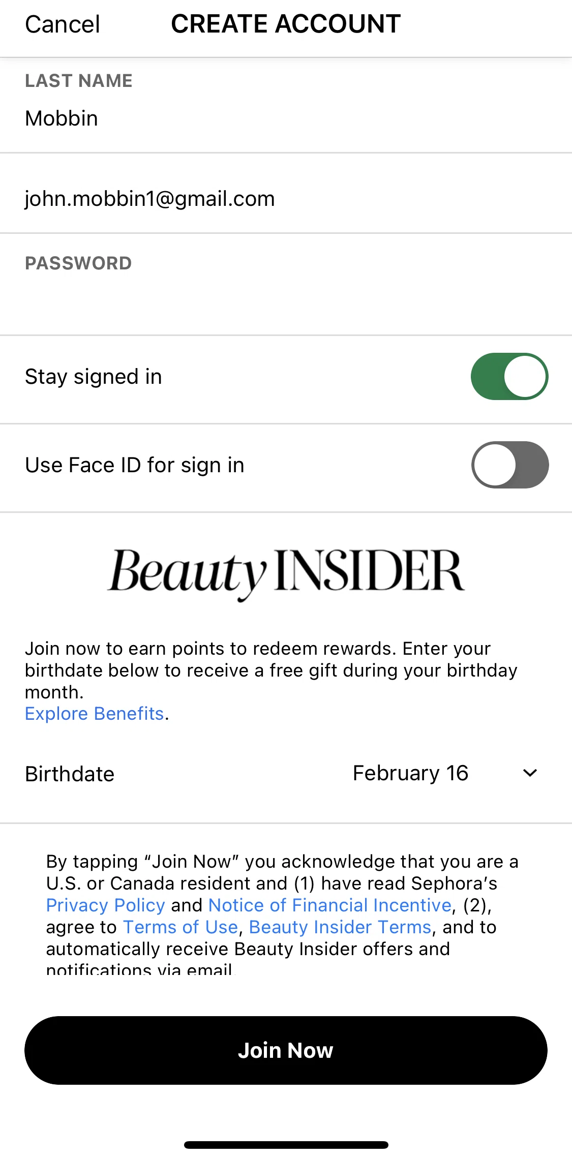 Sephora Screen screen in the Terms of use flow