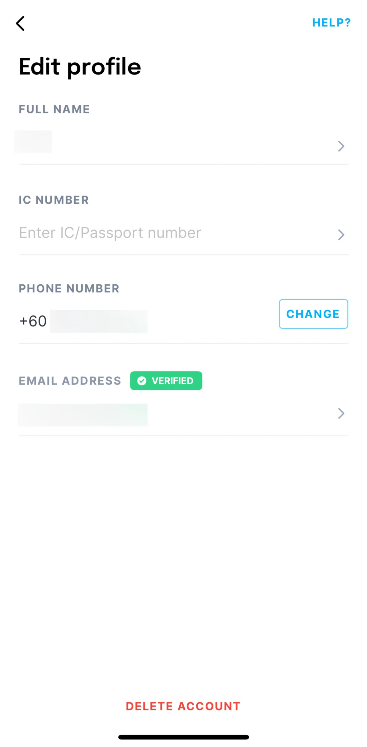 Setel Screen screen in the Deleting an account flow