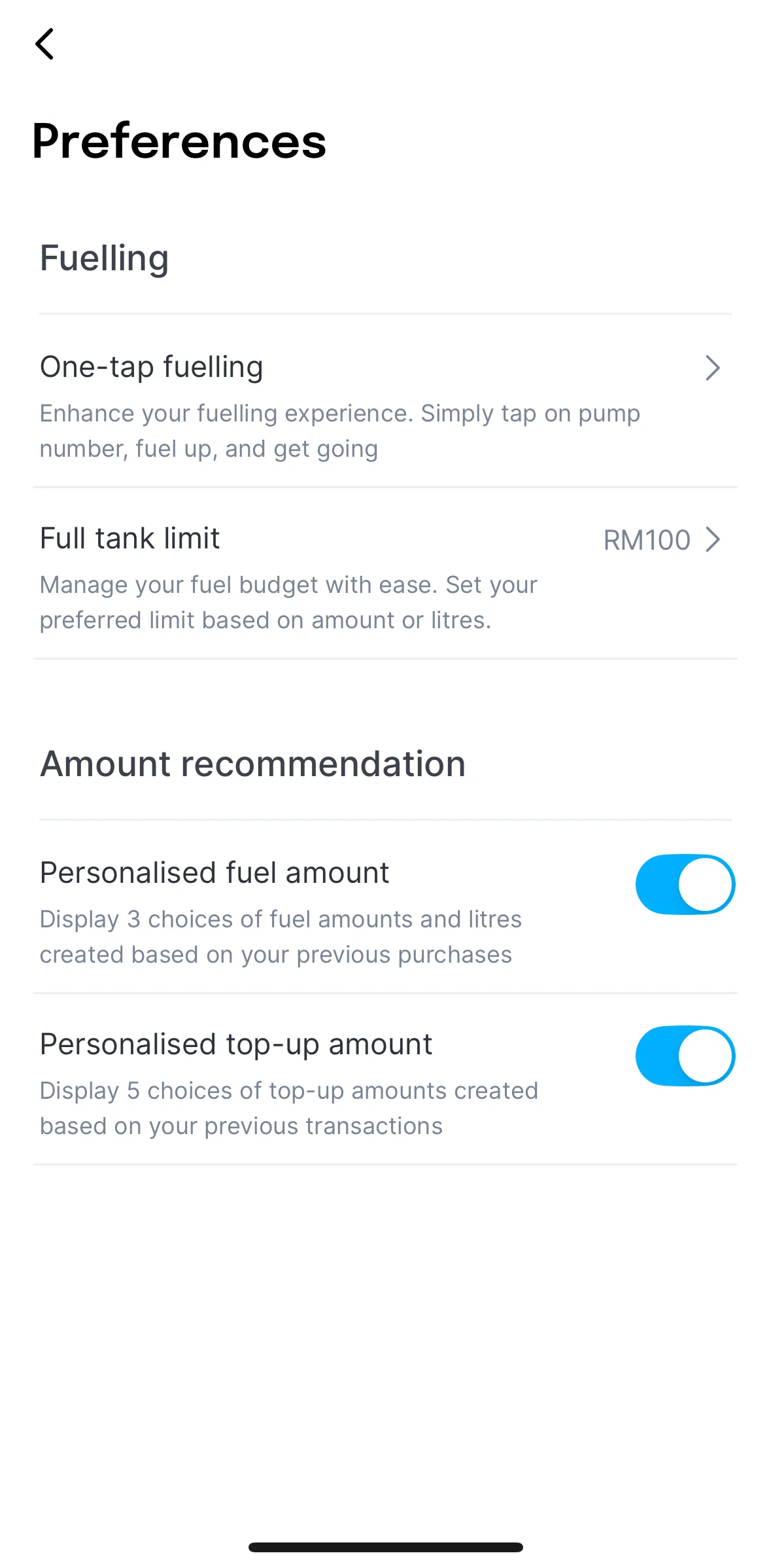 Setel Screen screen in the Enabling one-tap fuelling flow