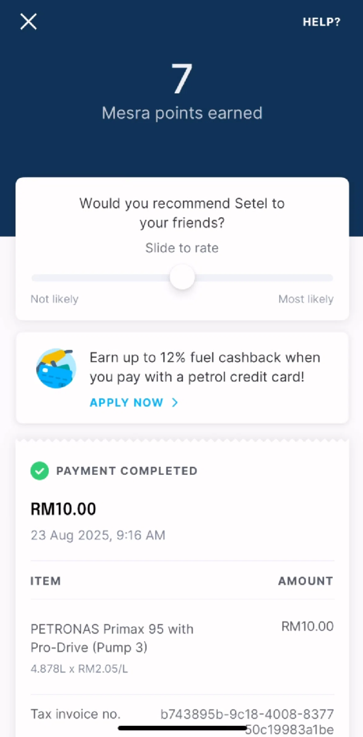 Setel Screen screen in the Giving feedback flow