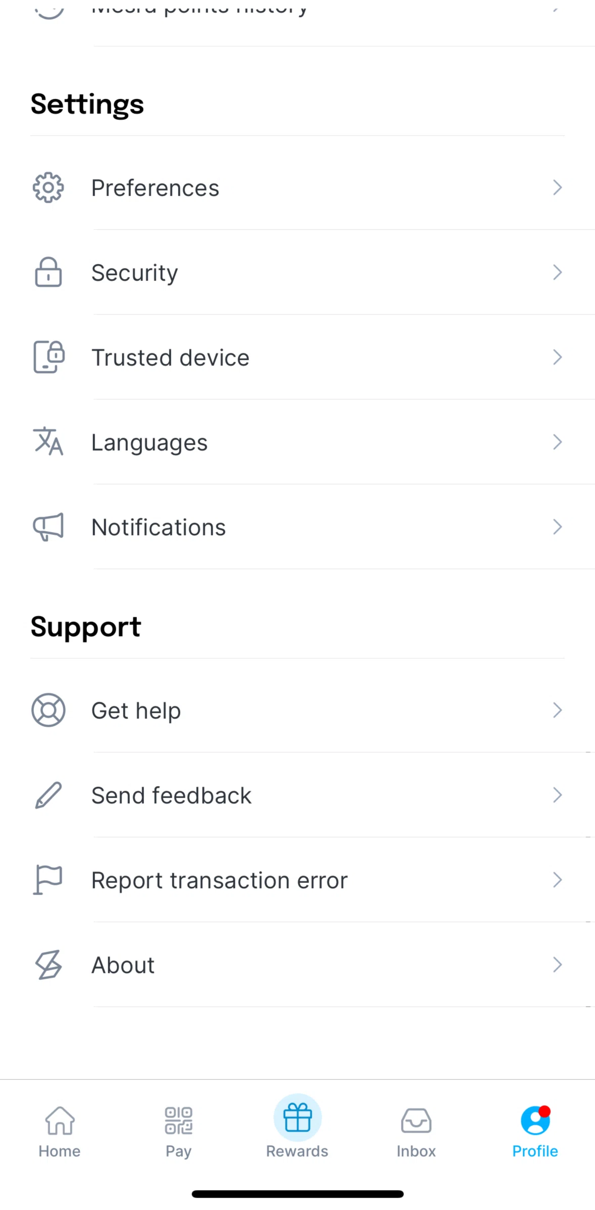 Setel Screen screen in the Languages flow