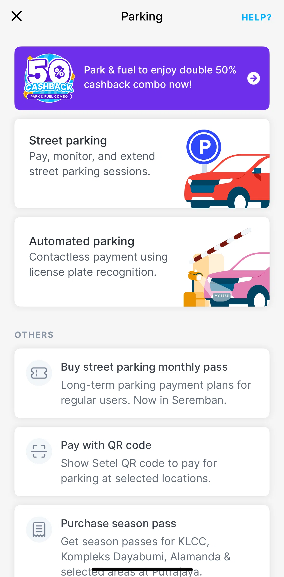 Setel Screen screen in the Purchasing street parking pass flow