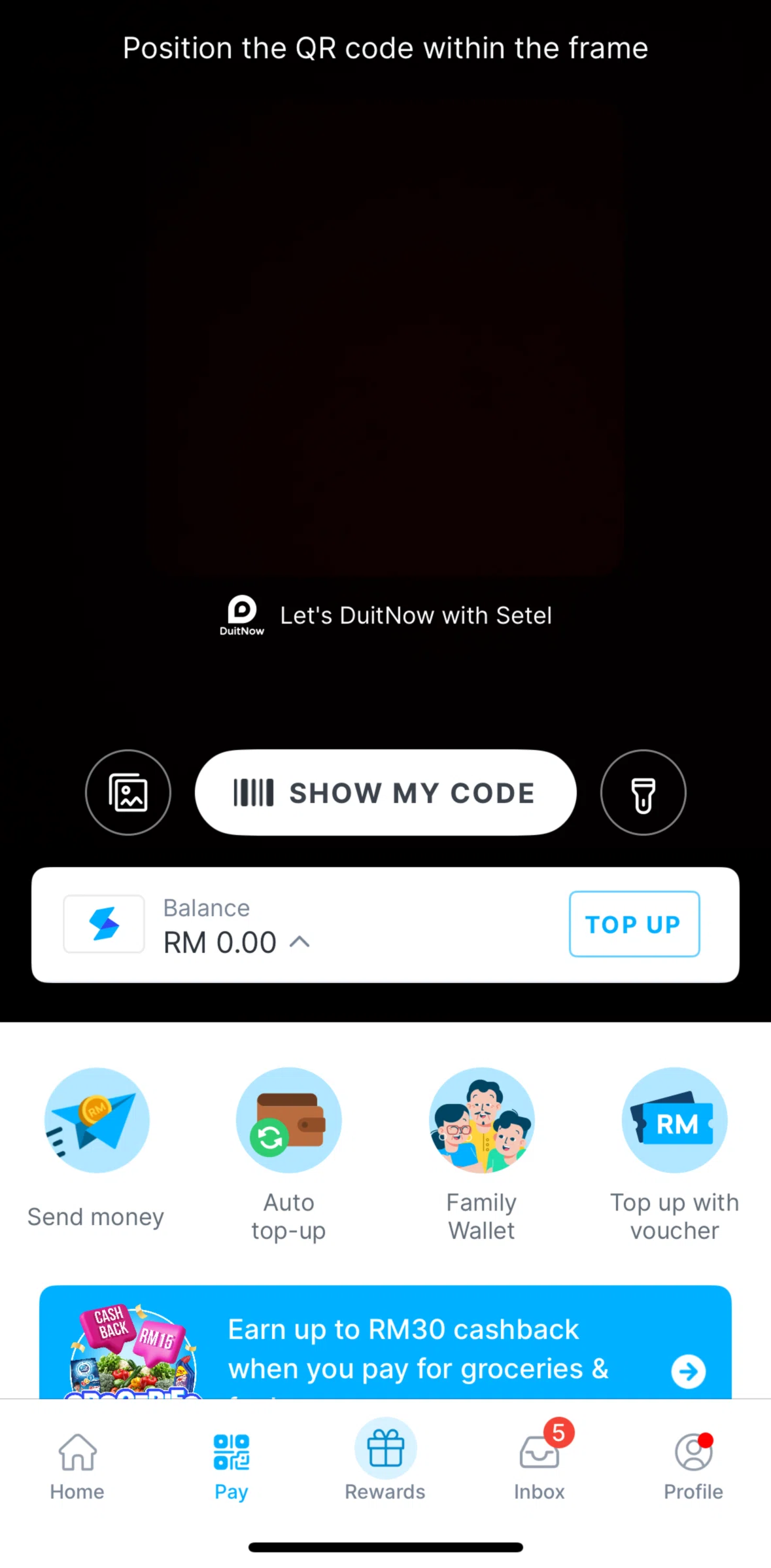 Setel Screen screen in the Redeeming a top-up voucher flow