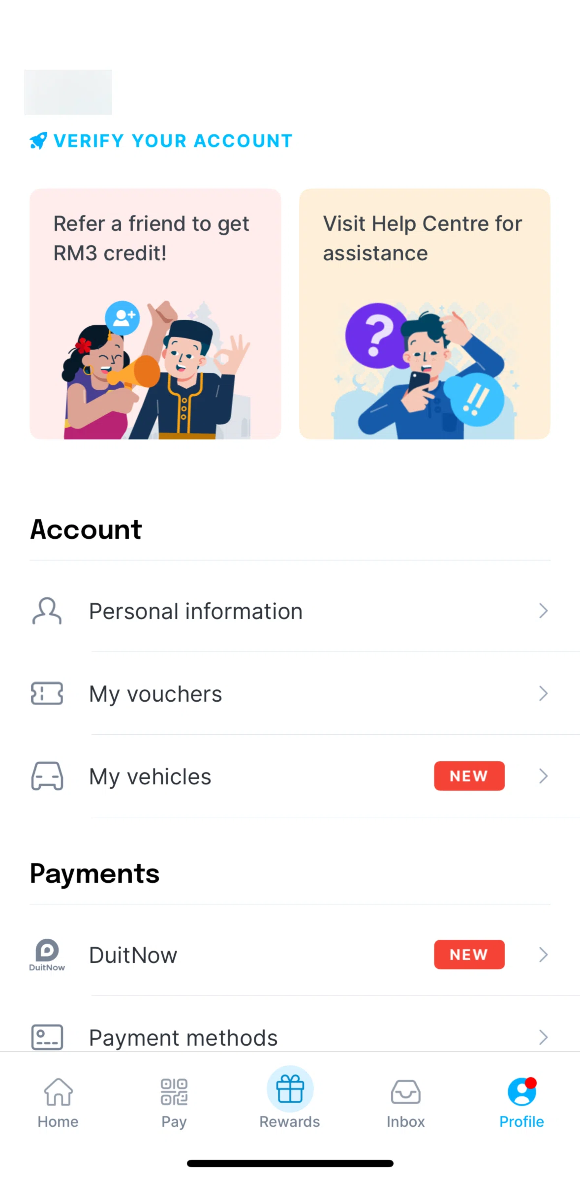 Setel Screen screen in the Verifying account flow