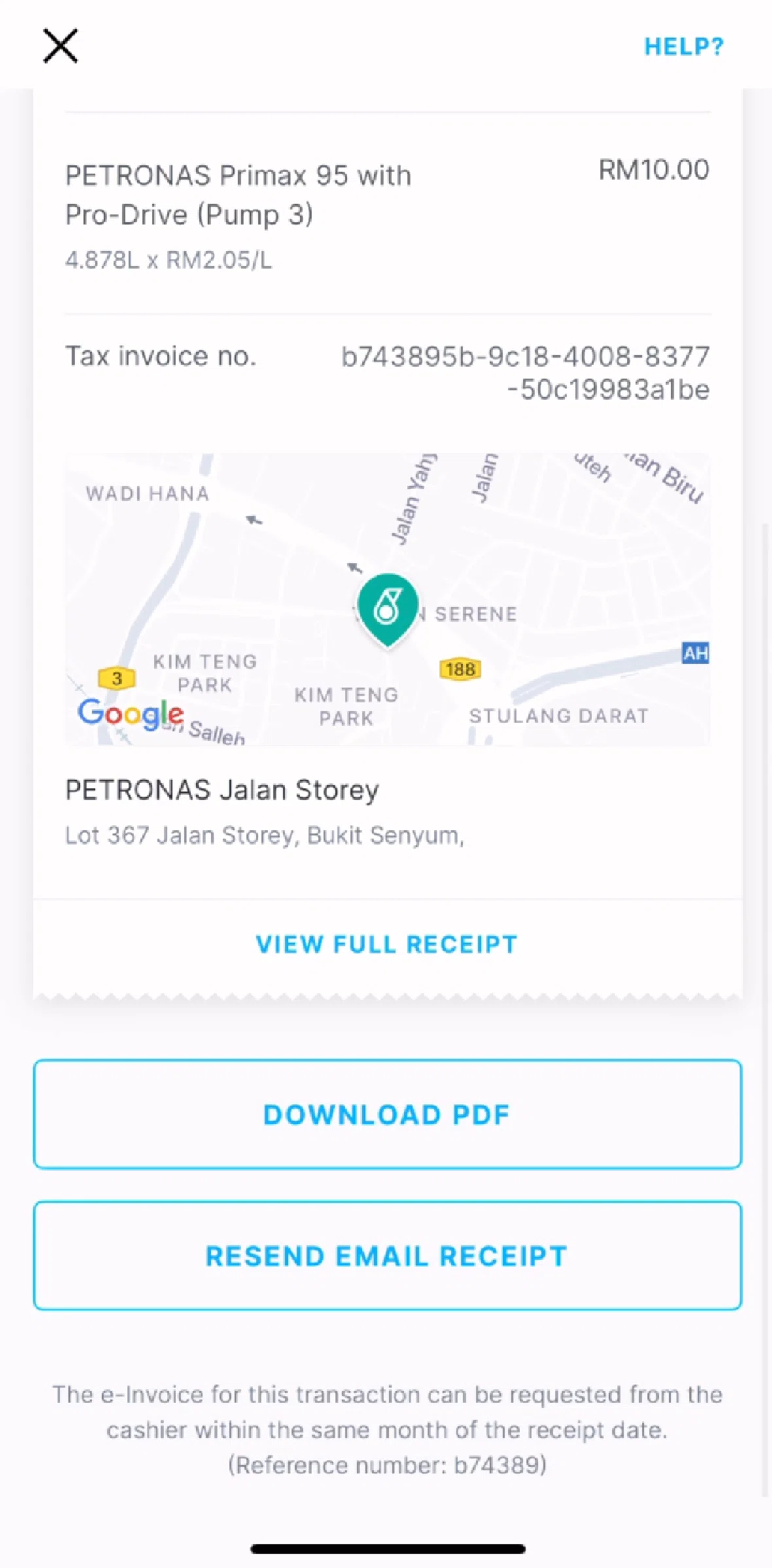 Setel Screen screen in the View full receipt flow