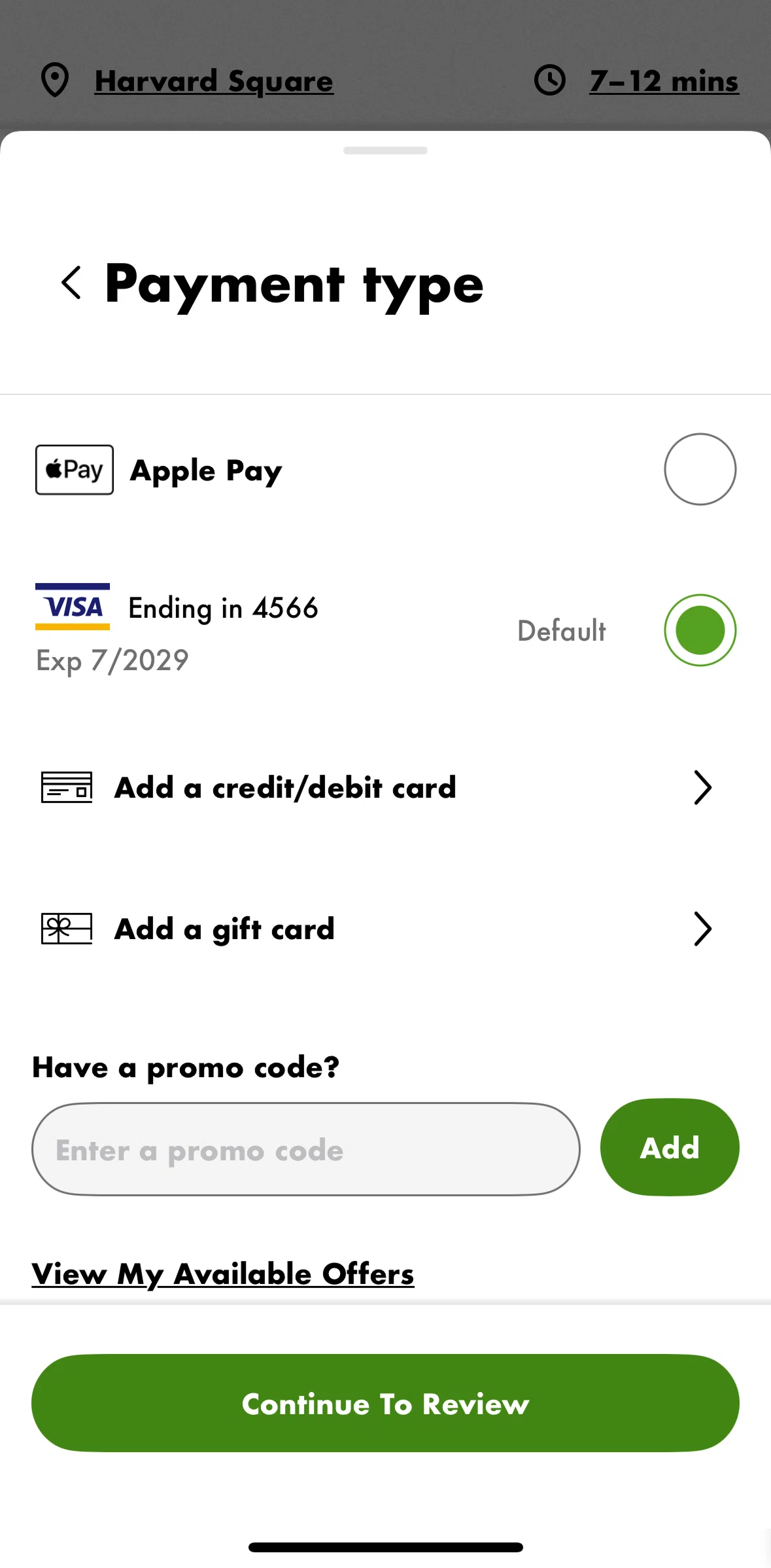 Shake Shack Screen screen in the Adding a promo code flow