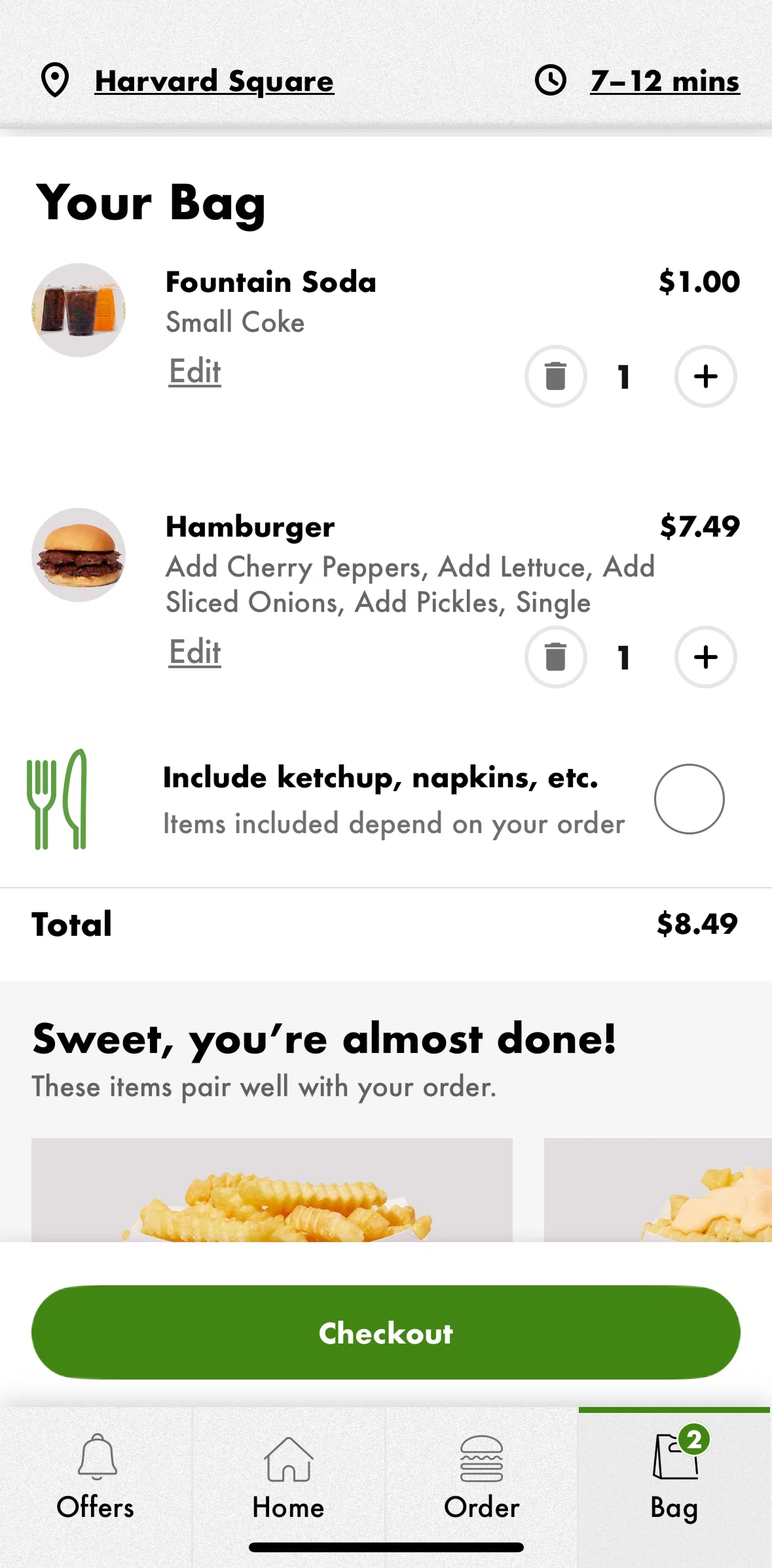 Shake Shack Screen screen in the Adding an additional item flow