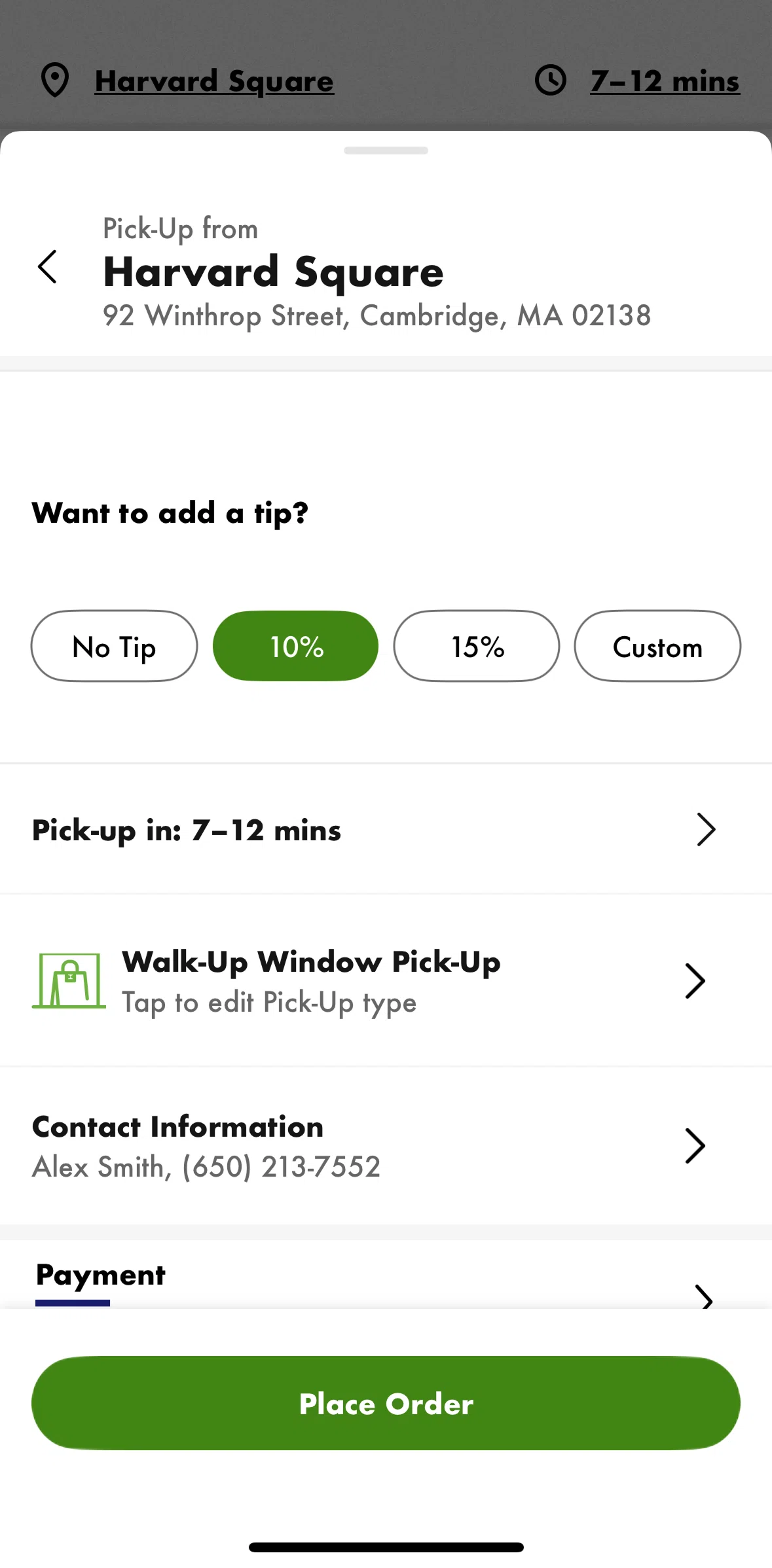 Shake Shack Screen screen in the Editing pick up time flow