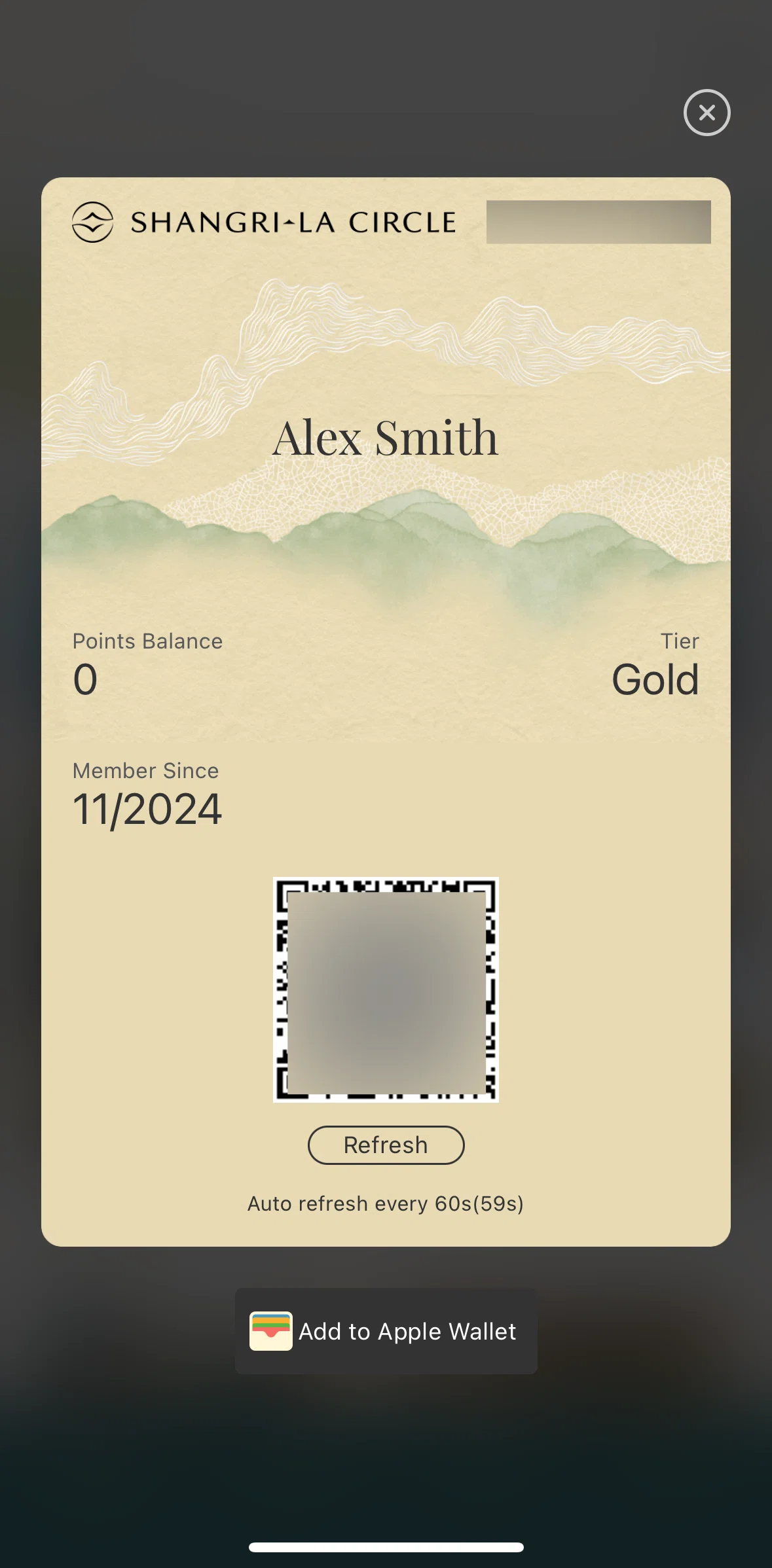 Shangri-La Circle Screen screen in the Adding card to wallet flow
