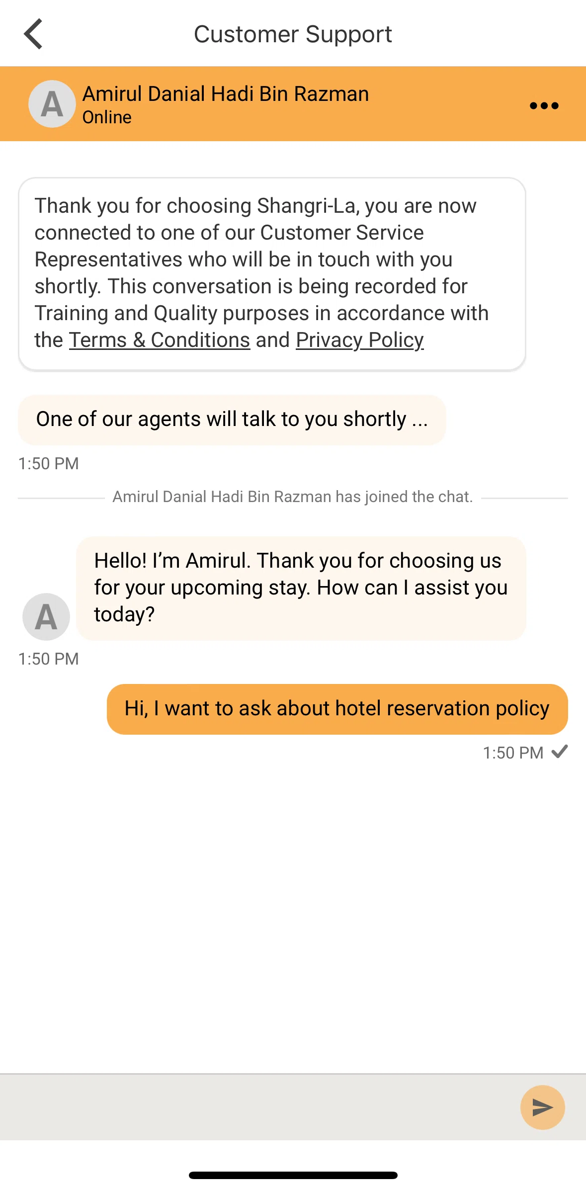 Shangri-La Circle Screen screen in the Sending chat transcript flow