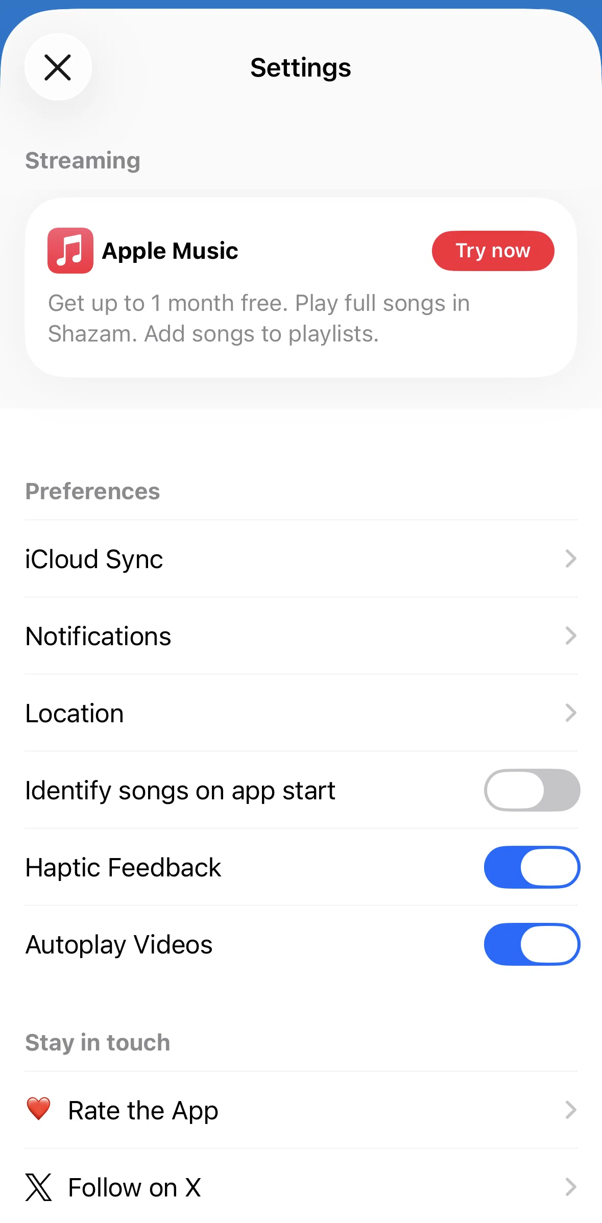 Shazam Screen screen in the iCloud sync flow