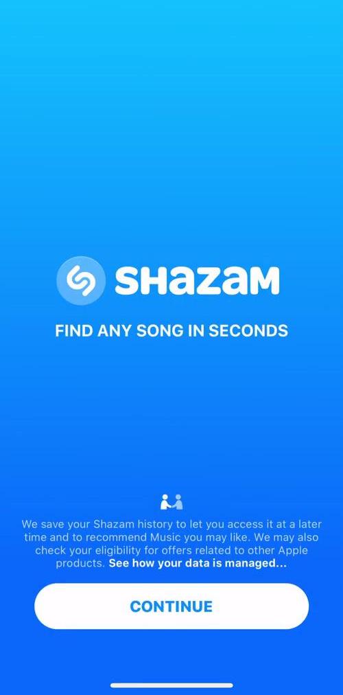 Shazam Start screen screen in the Onboarding flow