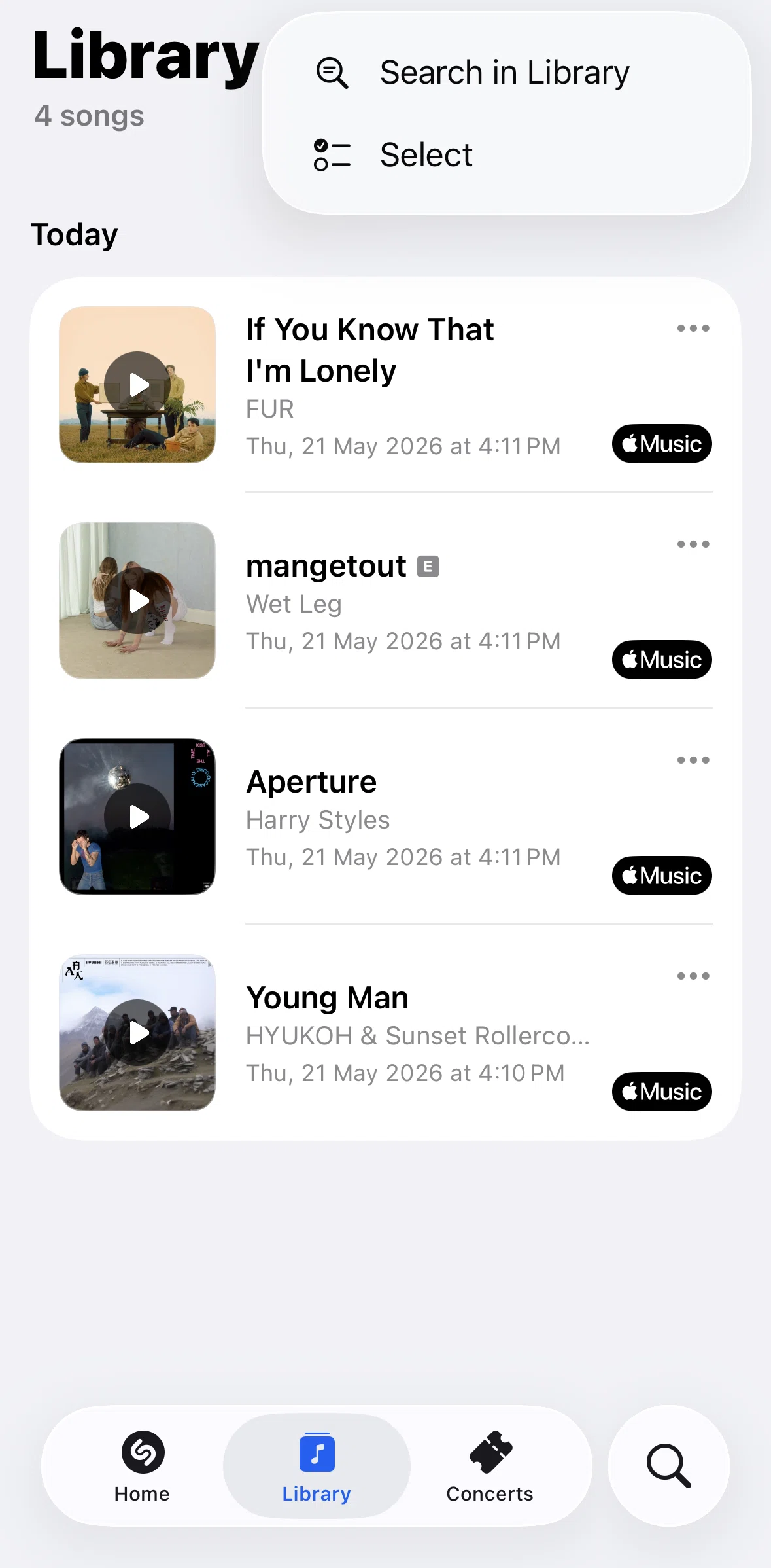 Shazam Screen screen in the Removing songs from library flow