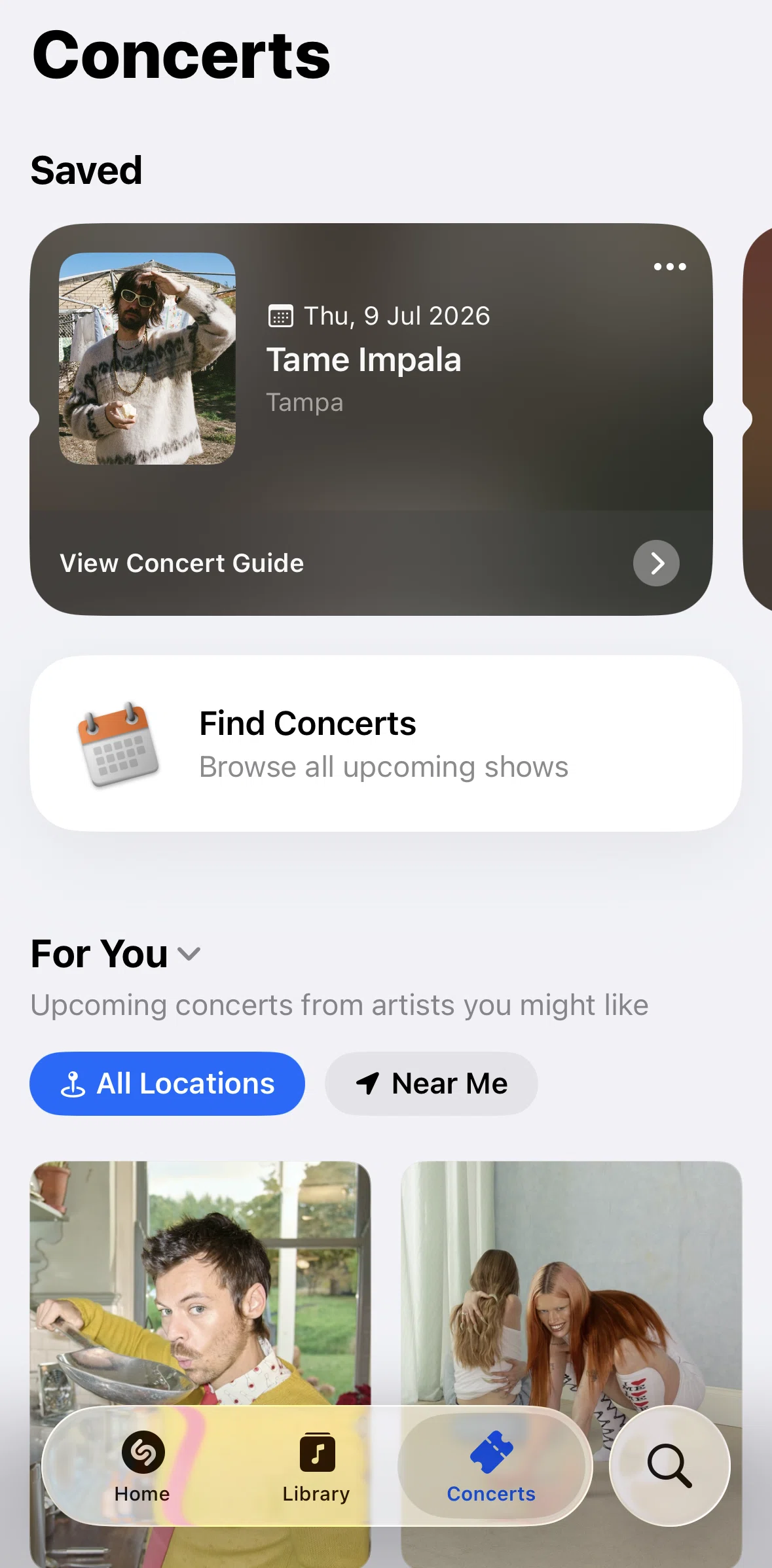 Shazam Screen screen in the Upcoming concerts flow