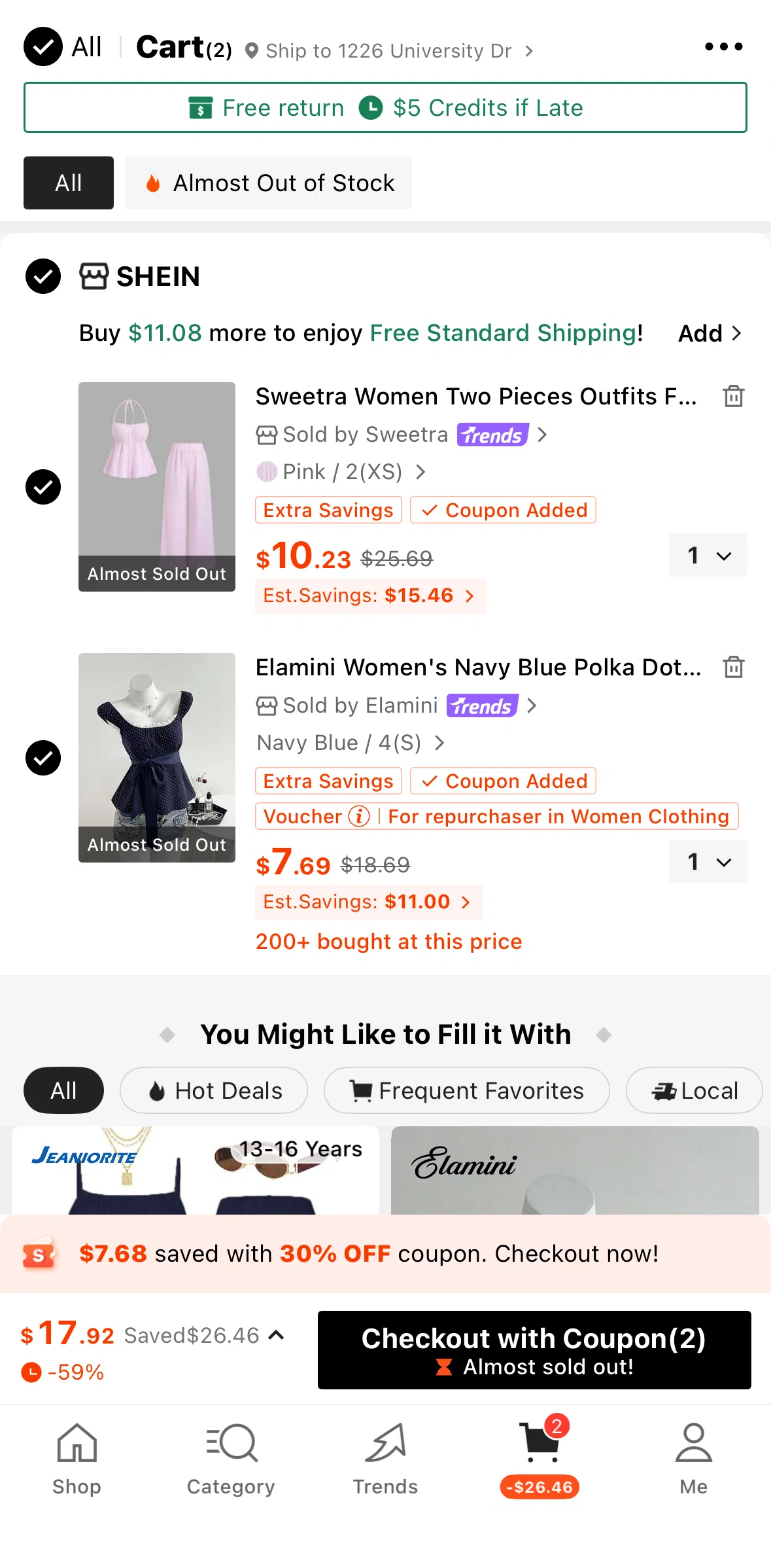 SHEIN Screen screen in the Adding an additional item to cart flow