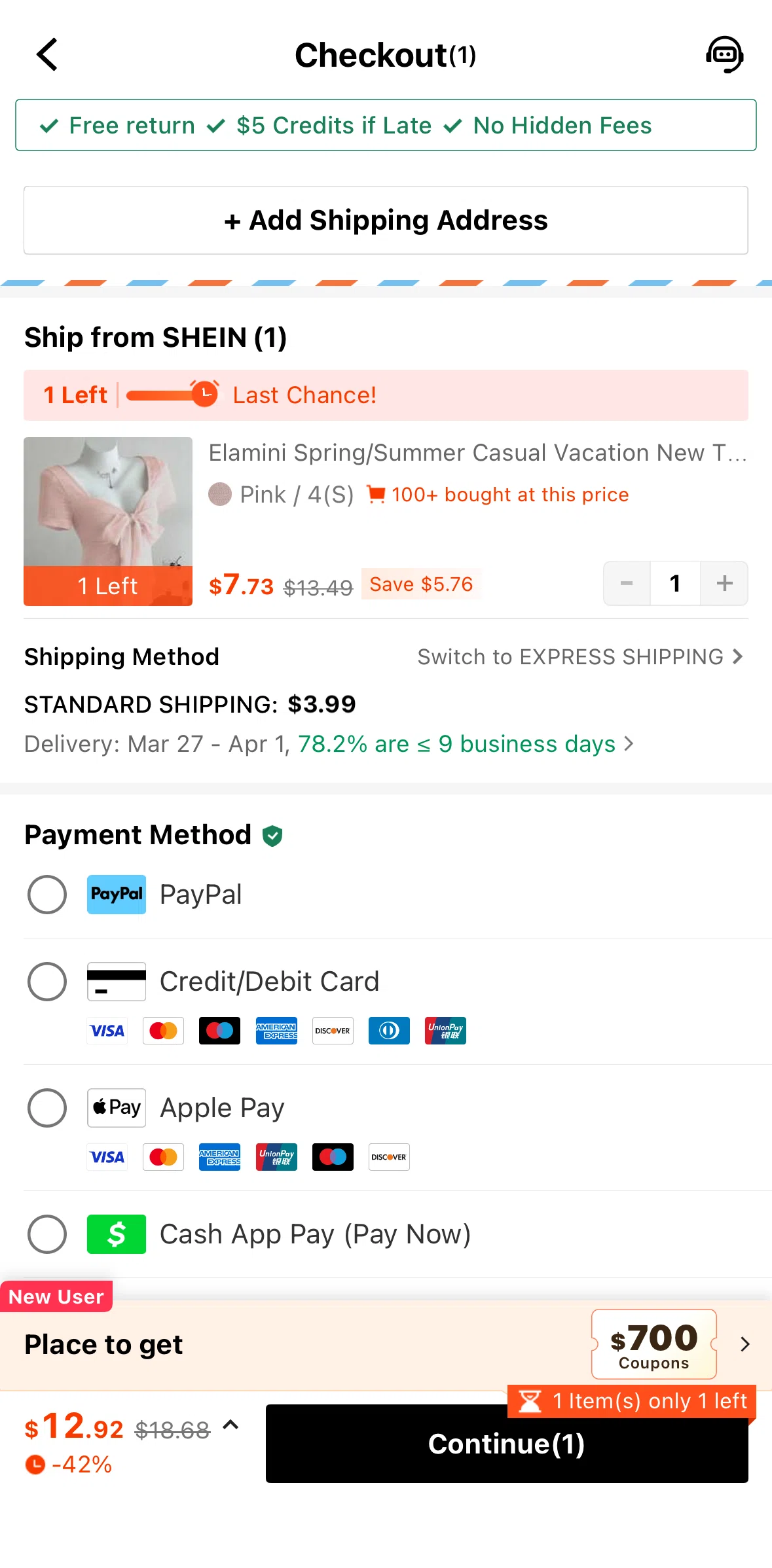 SHEIN Screen screen in the Adding an address flow