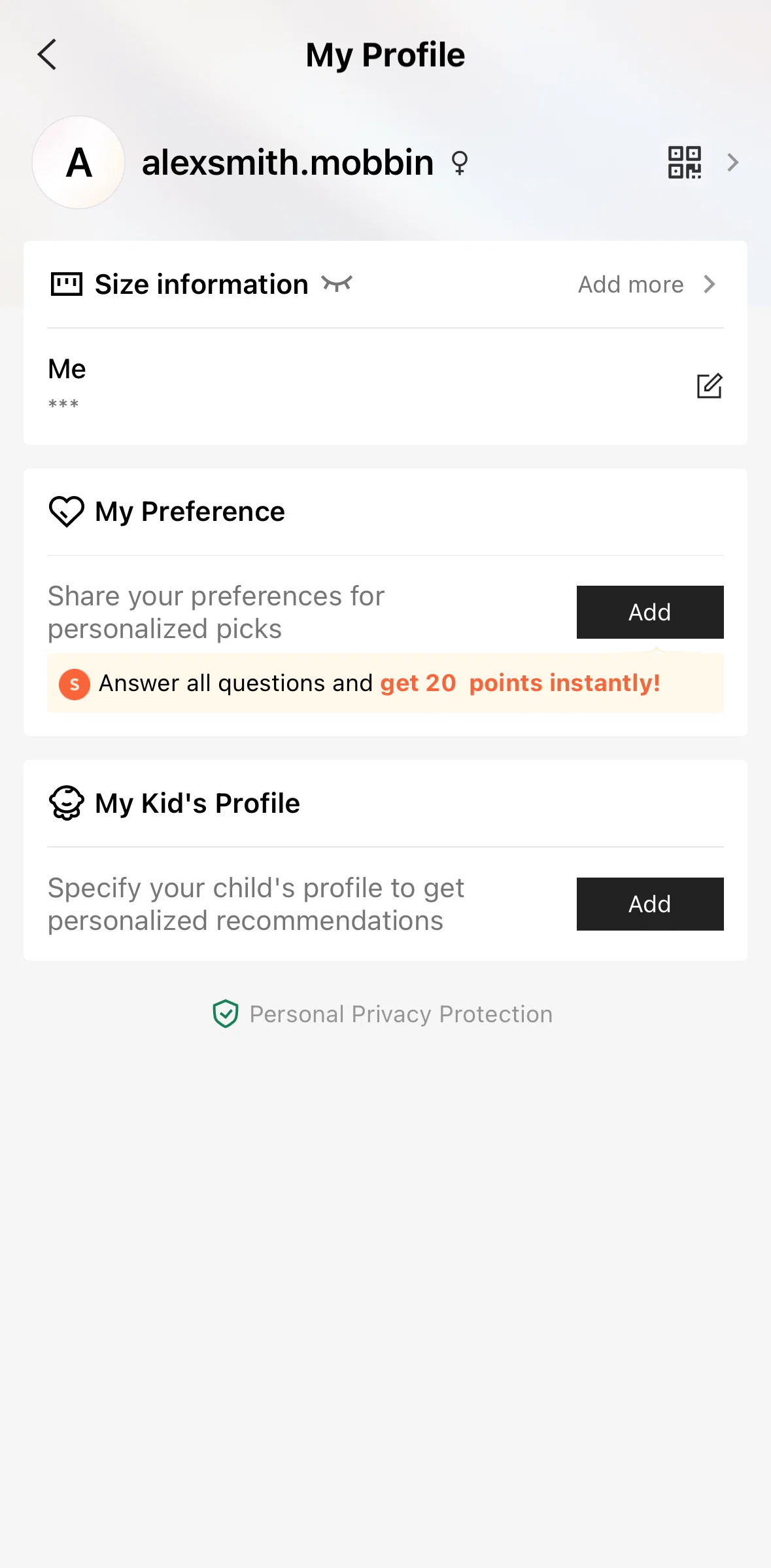 SHEIN Screen screen in the Adding size information flow