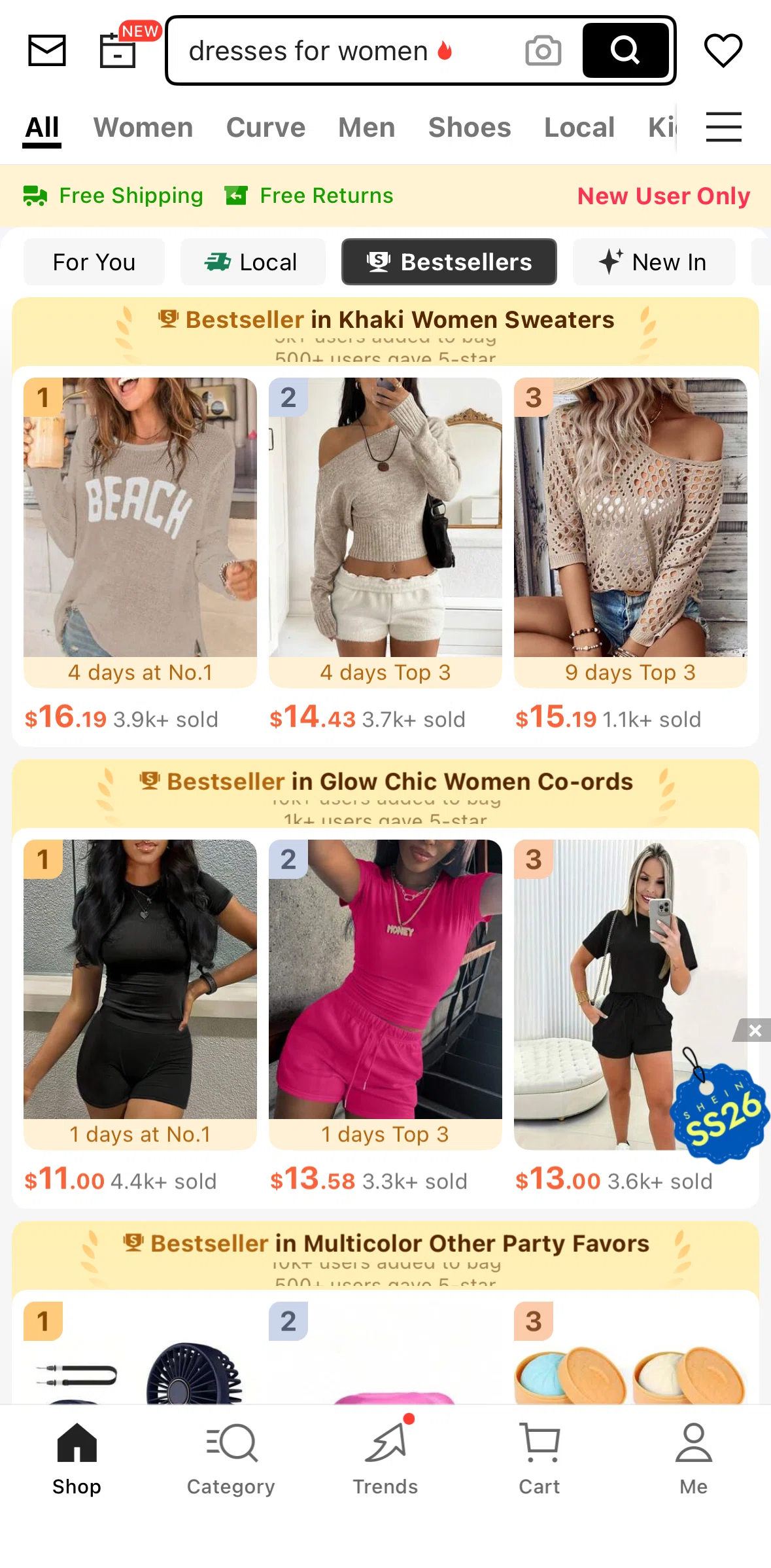 SHEIN Screen screen in the Bestsellers flow
