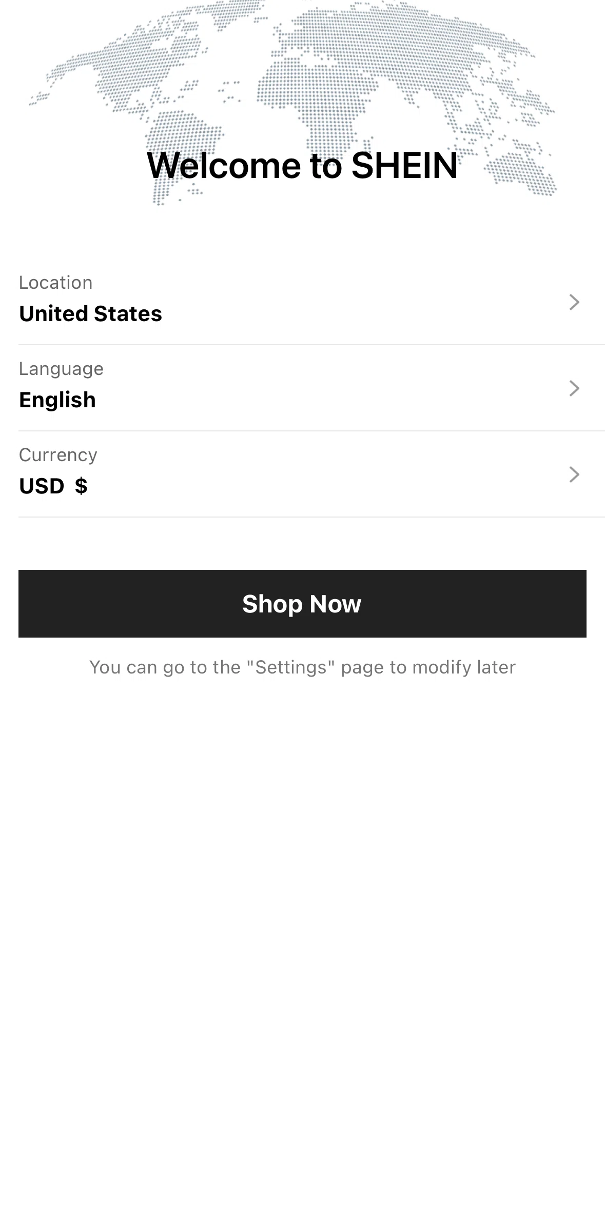 SHEIN Screen screen in the Changing currency flow