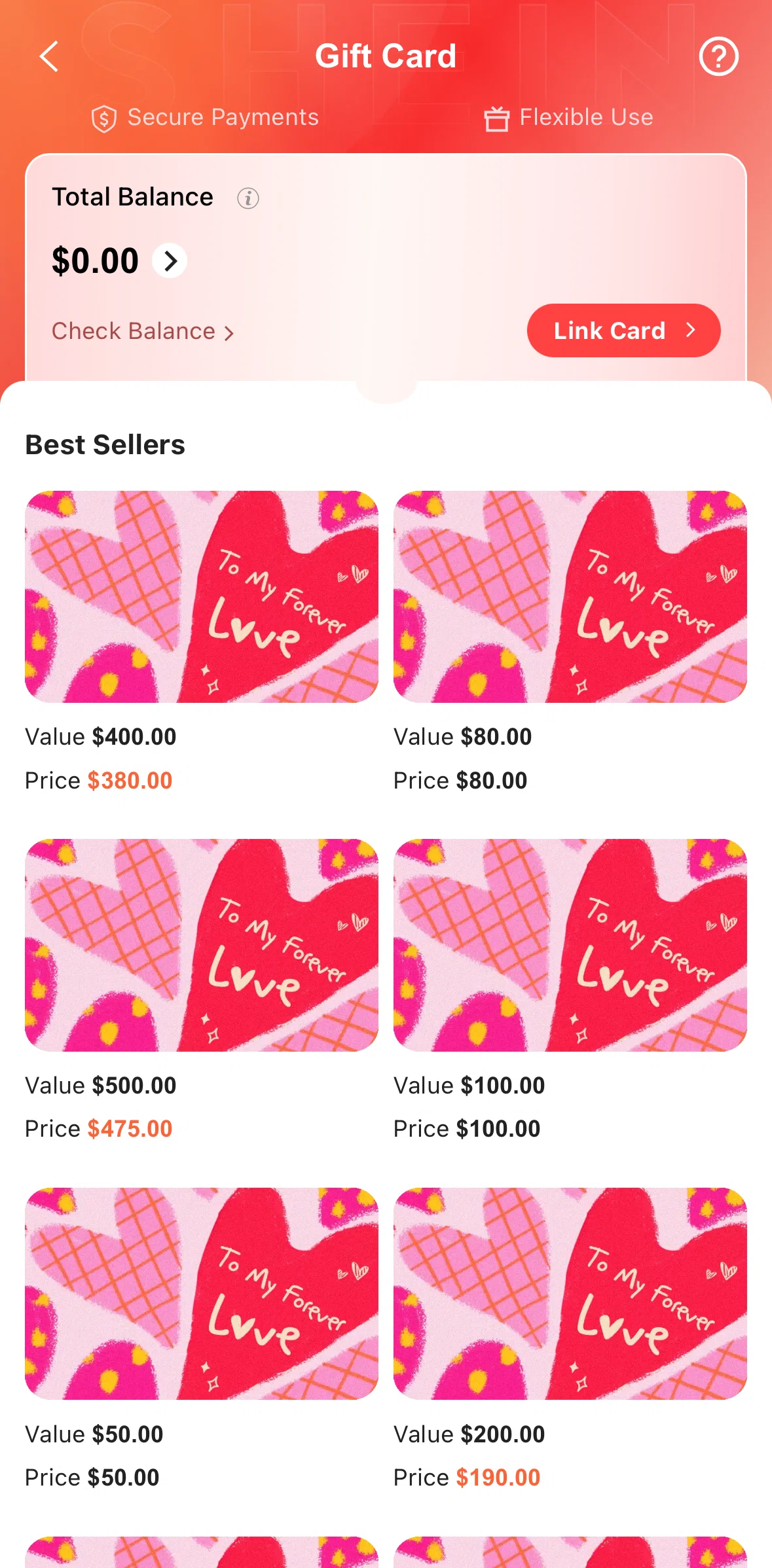 SHEIN Screen screen in the Check gift card balance flow