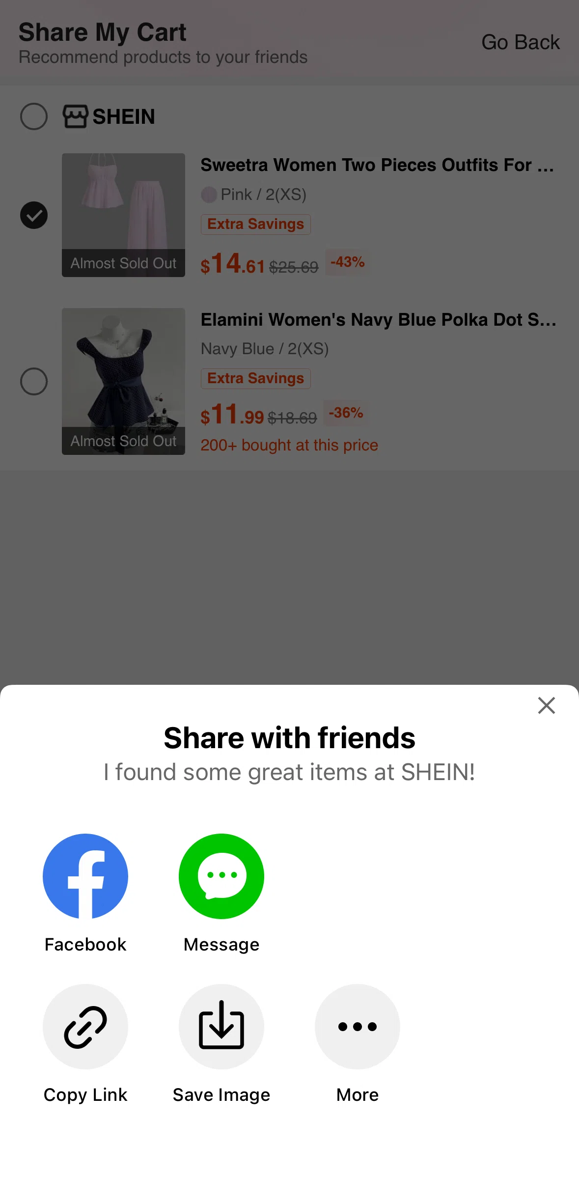 SHEIN Screen screen in the Copying a link flow