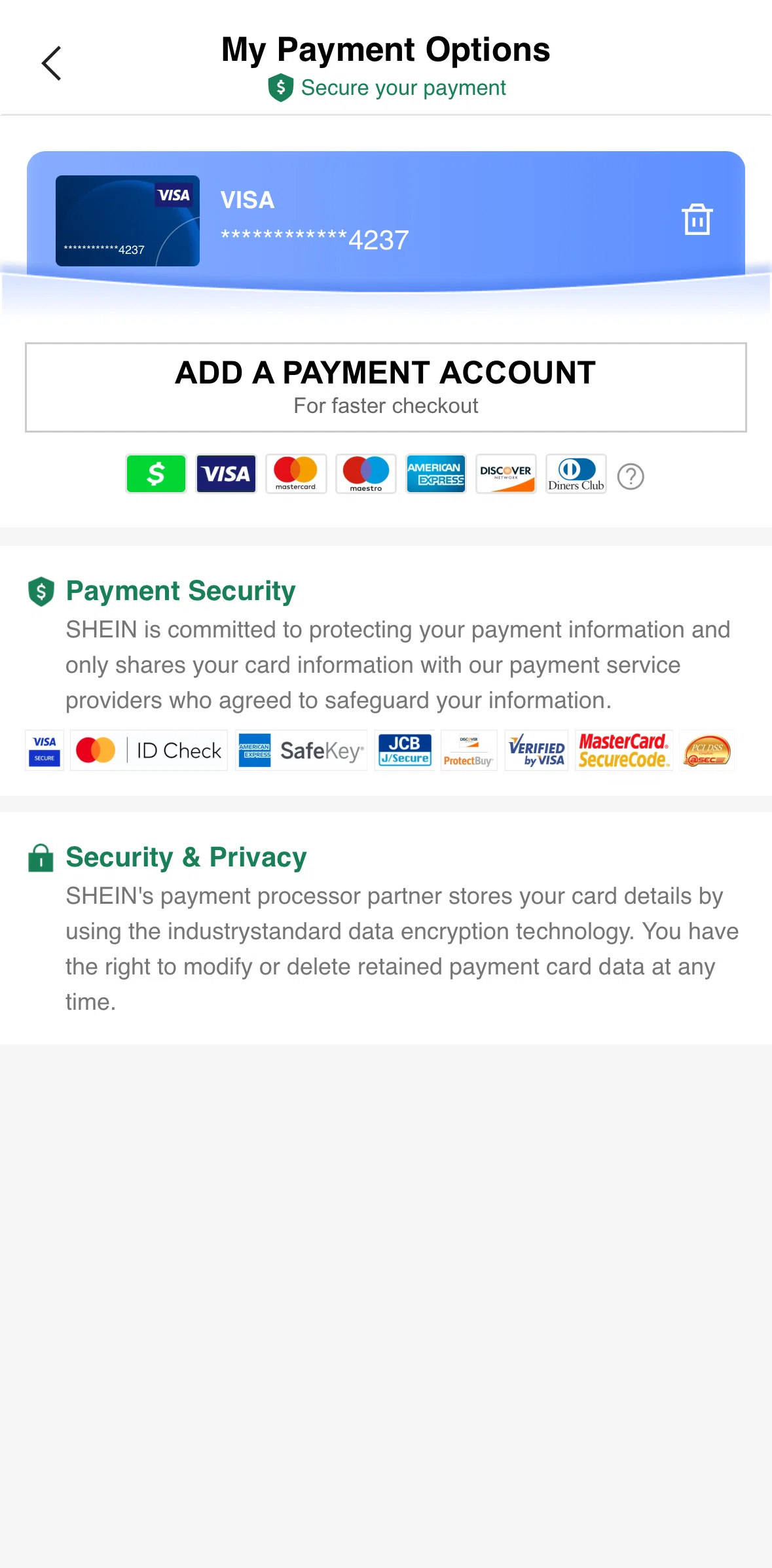 SHEIN Screen screen in the Deleting a card flow