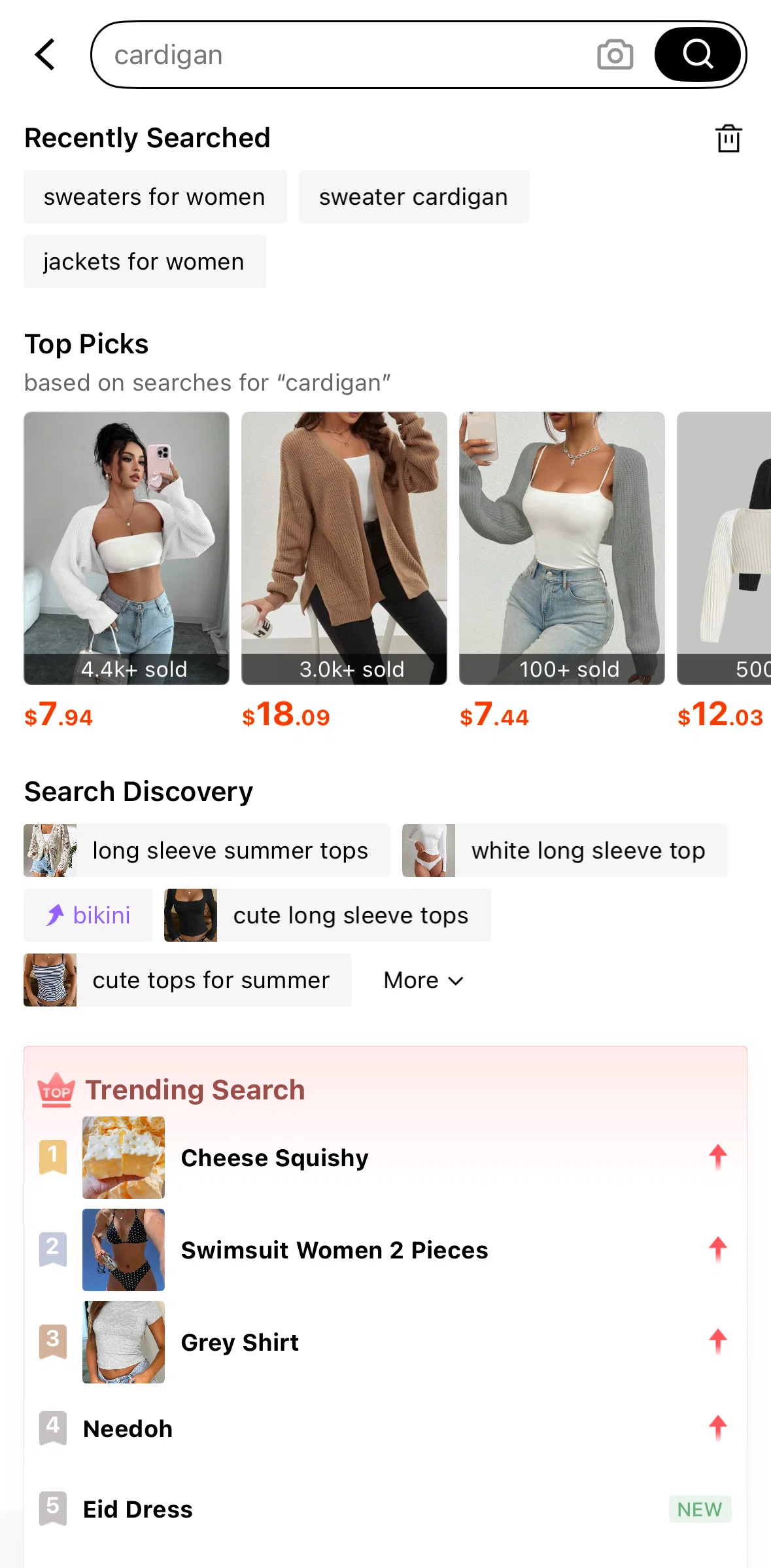 SHEIN Screen screen in the Deleting recently searched flow