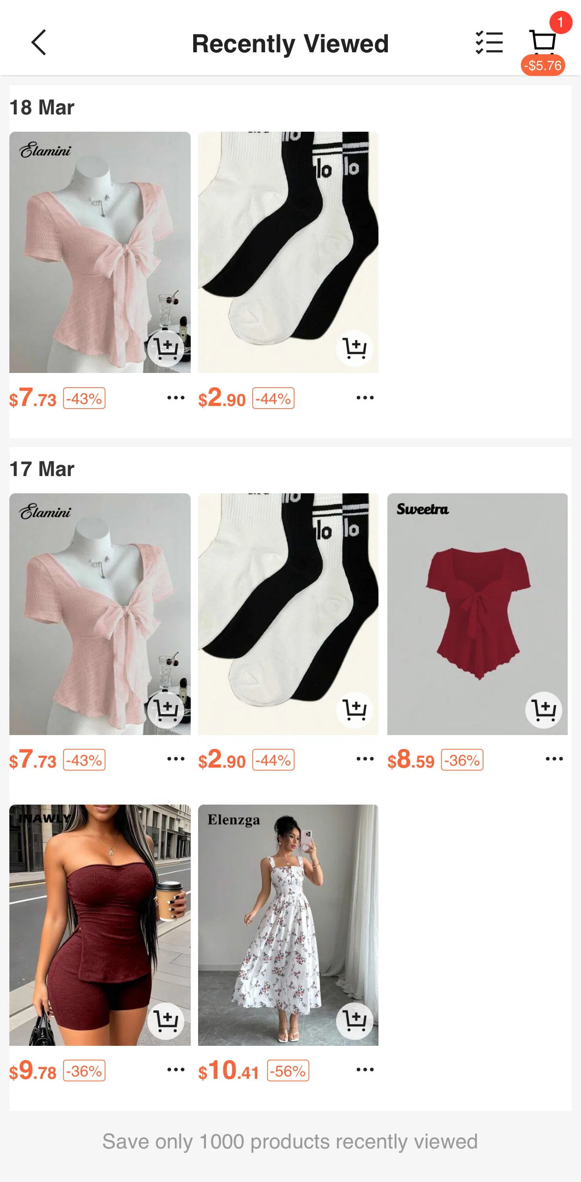 SHEIN Screen screen in the Deleting recently viewed items flow