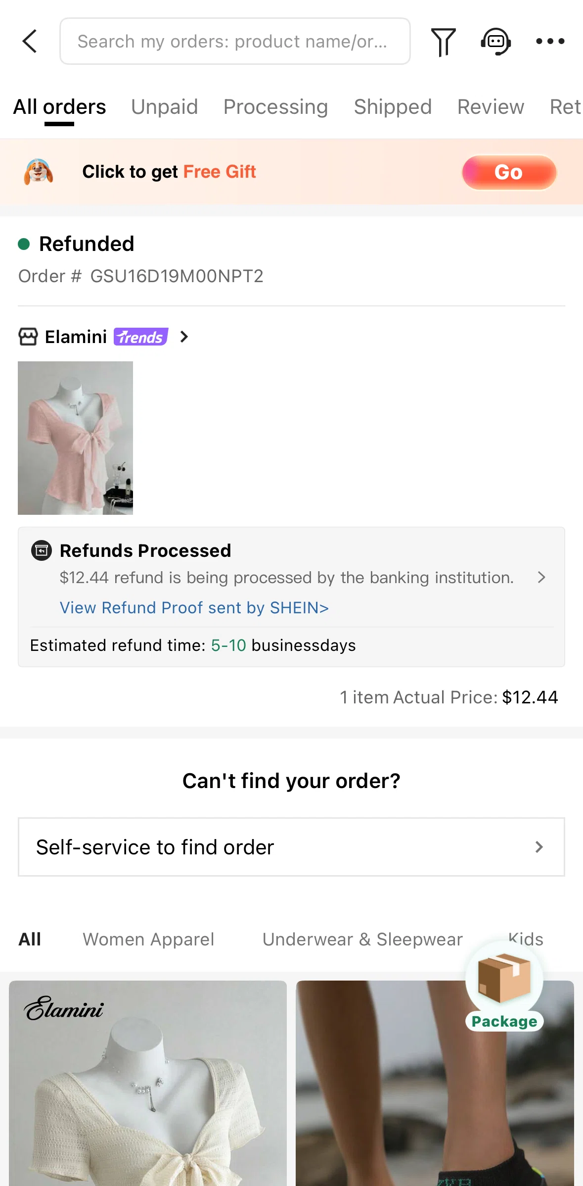SHEIN Screen screen in the Find an order flow