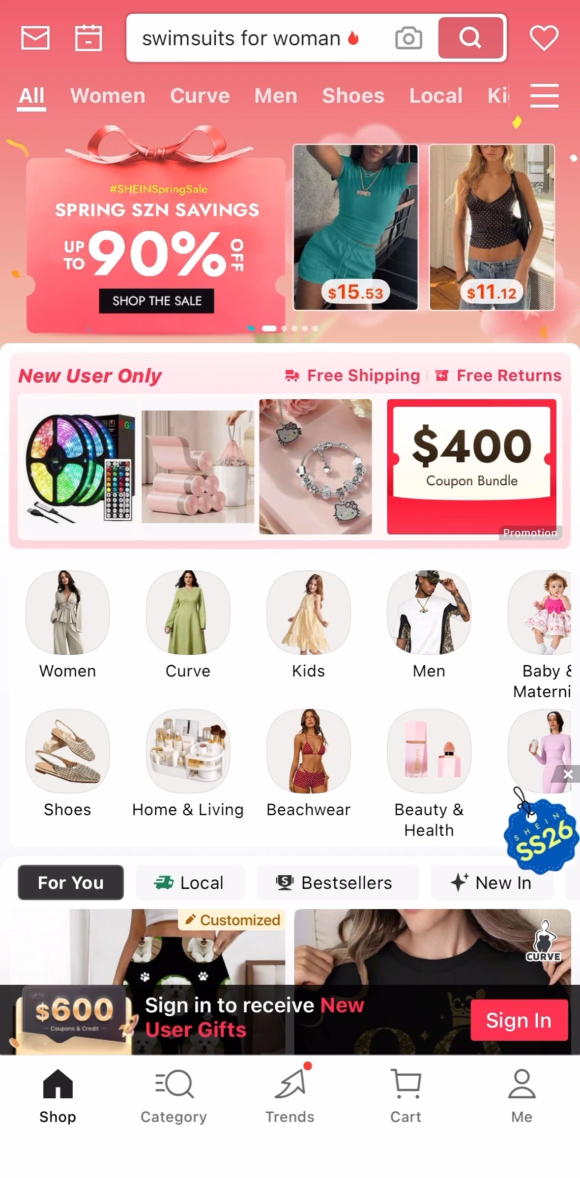 SHEIN Screen screen in the Home flow