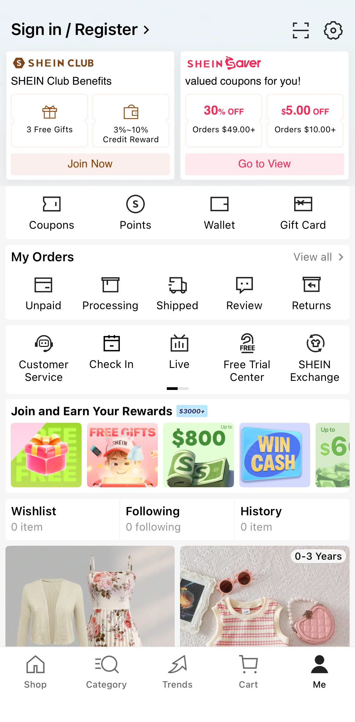 SHEIN Screen screen in the Logging in flow