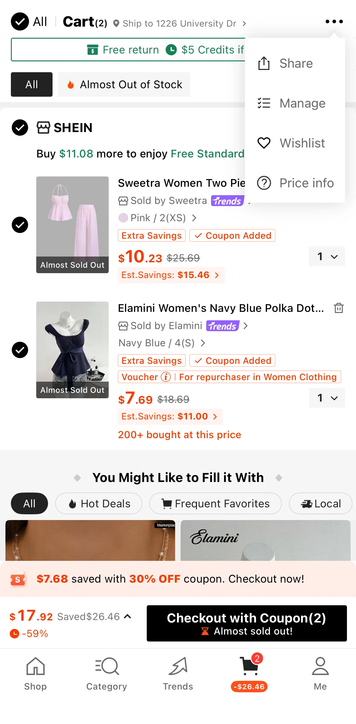 SHEIN Screen screen in the Moving an item to wishlist flow