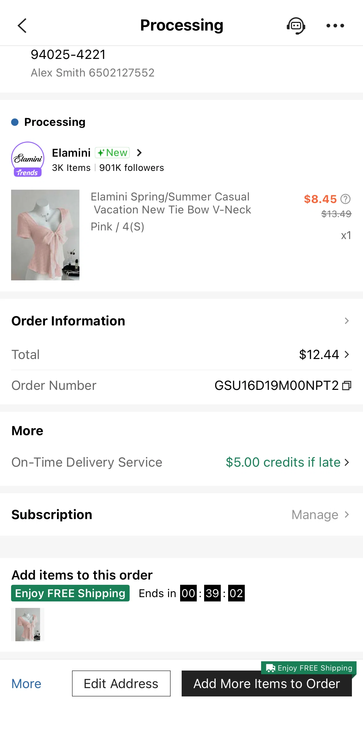 SHEIN Screen screen in the Order information flow