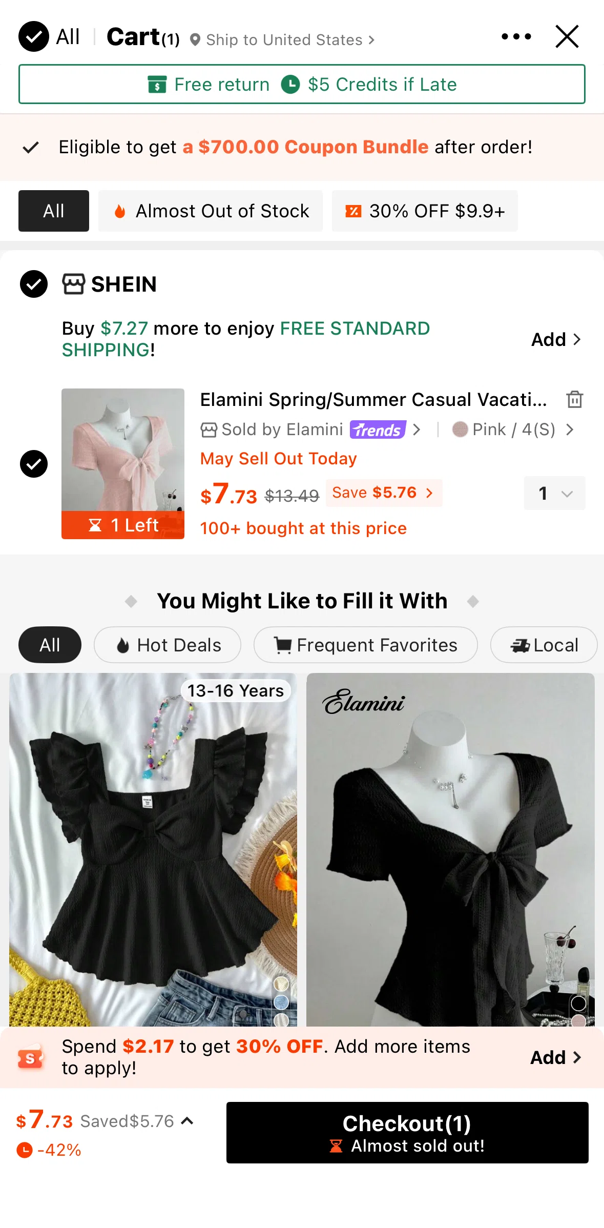 SHEIN Screen screen in the Placing an order flow